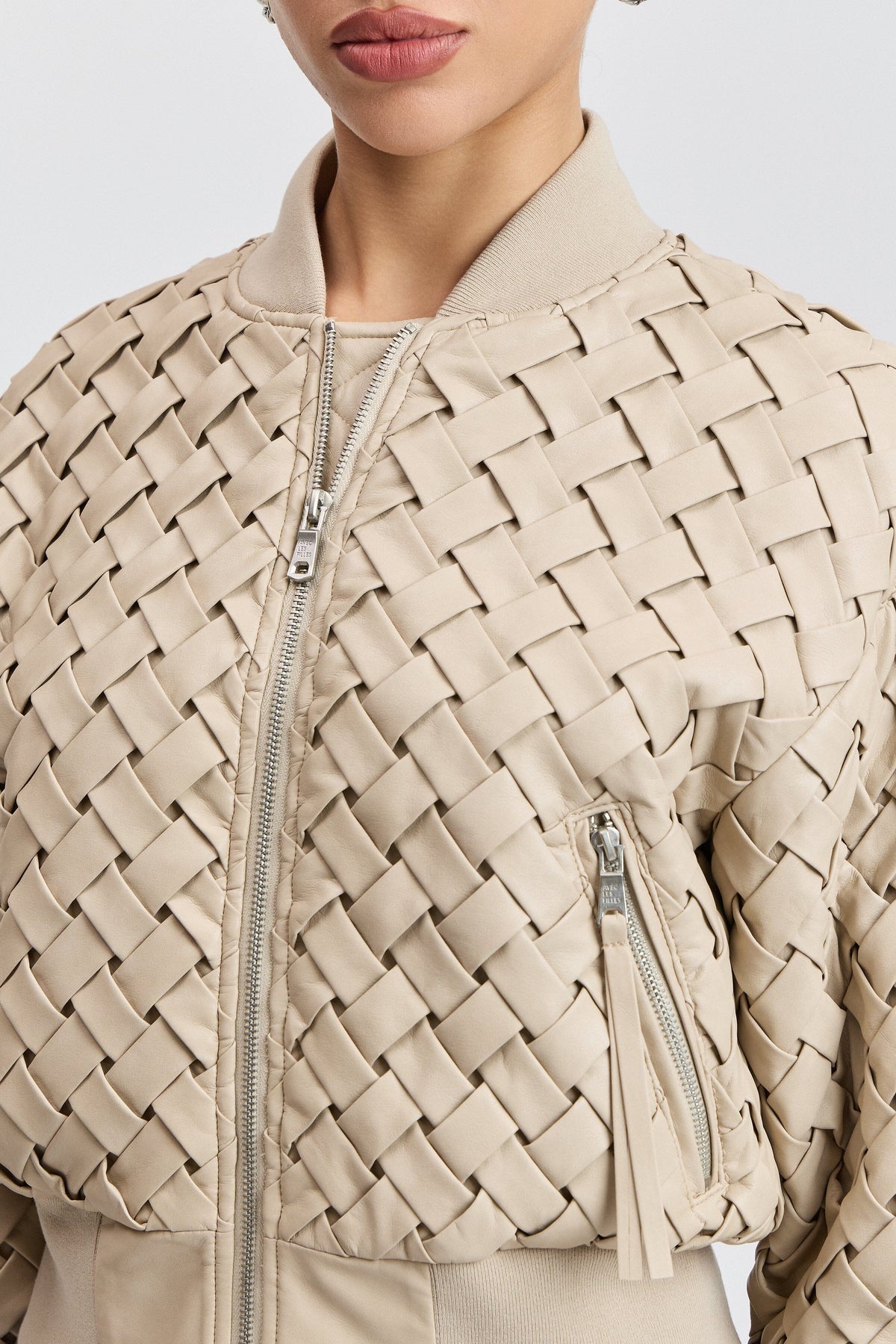 Woven bomber faux leather jacket with white and a centre-front - Shop women's faux leather jackets by Avec Les Filles.