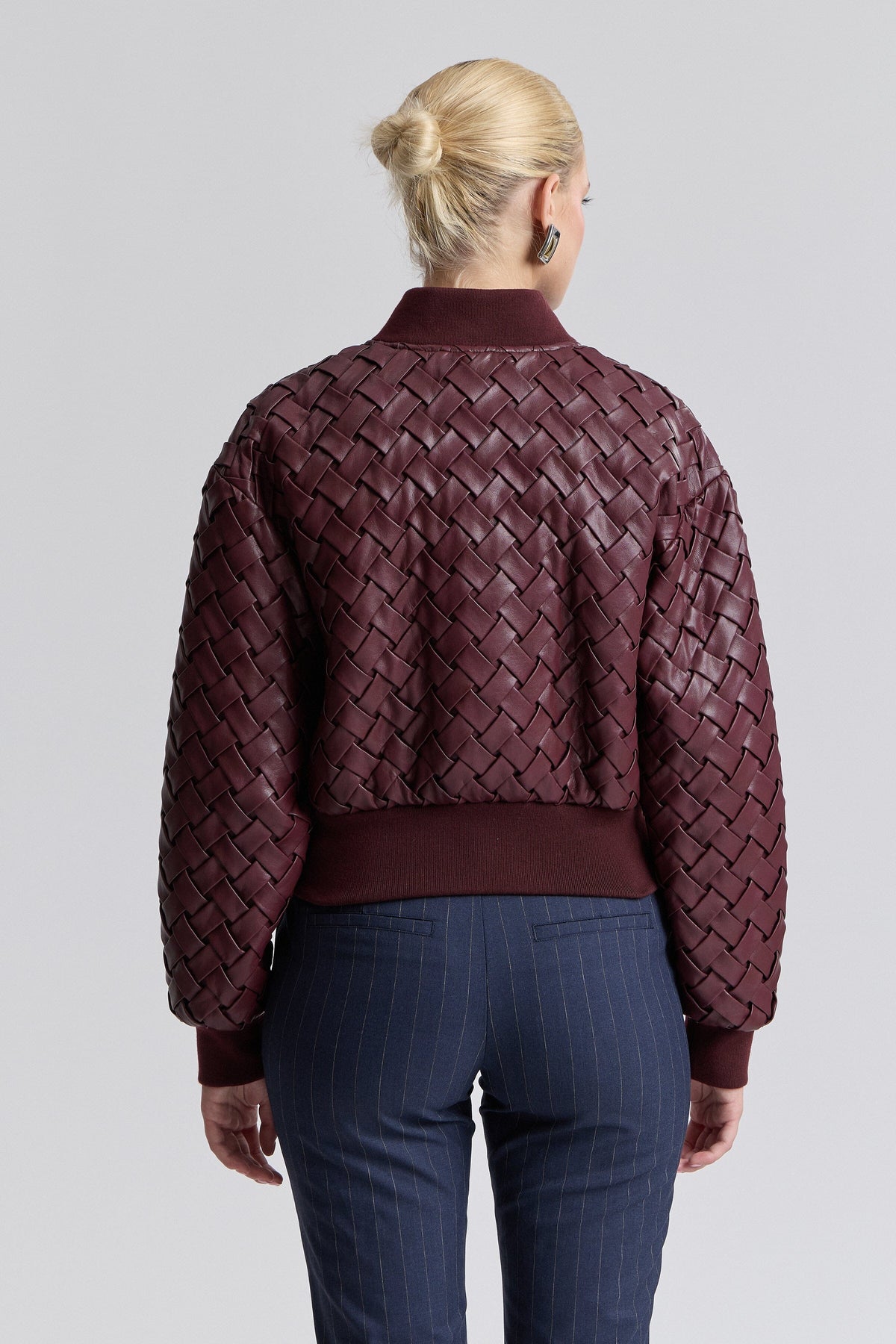 Red faux bomber leather jacket with ribbed collar and long sleeves - Shop women's jackets by Avec Les Filles.