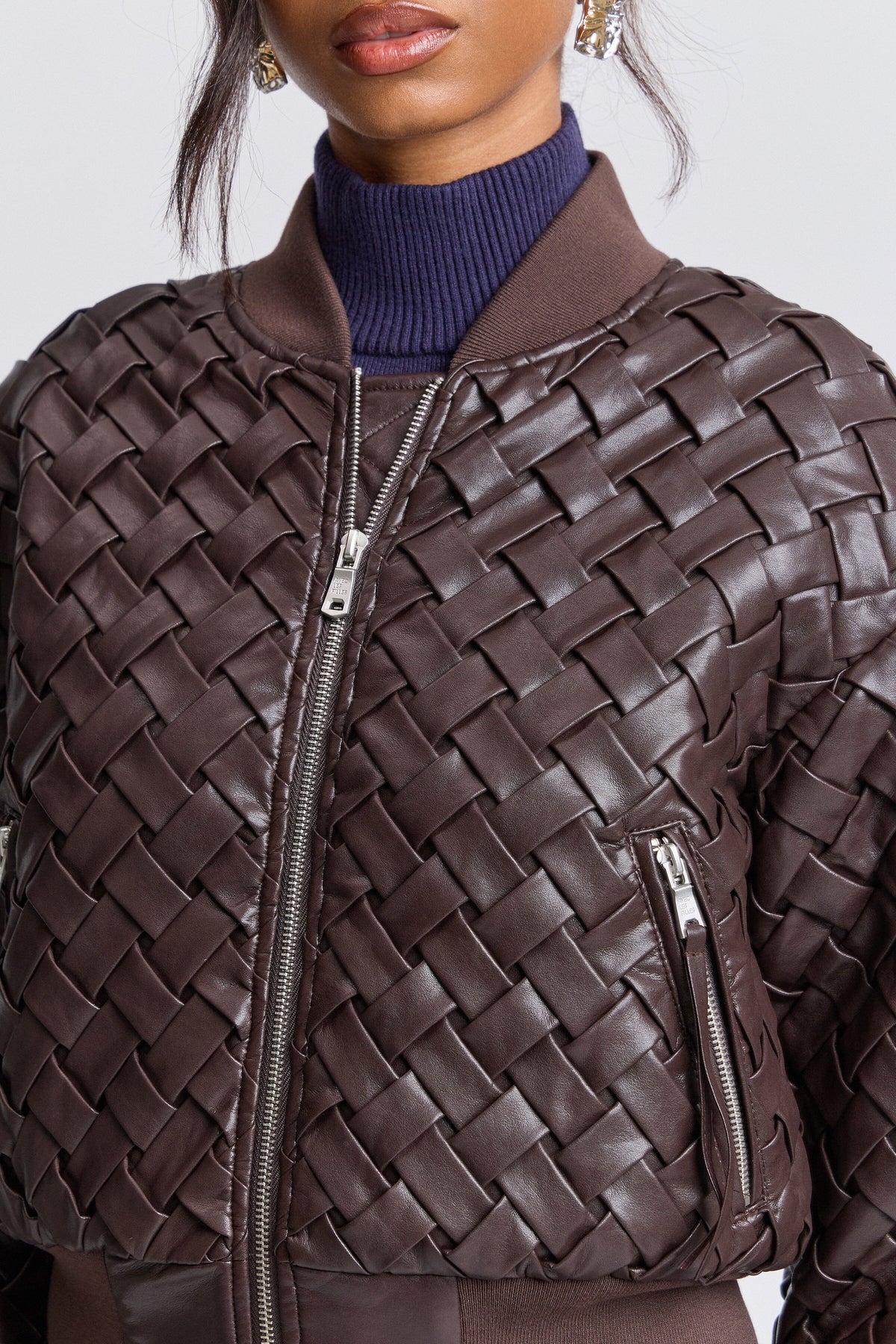 Woven brown faux leather jacket with zip front and ribbed collar - Shop women's bomber jackets by Avec Les Filles.