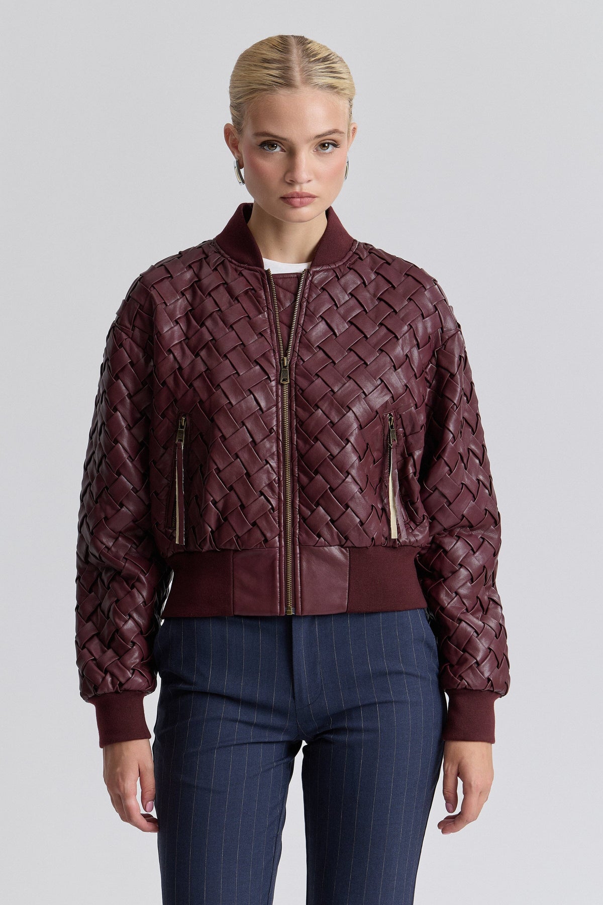 Woven red jacket faux leather with a zip front and long sleeves - Shop women's cute bomber jackets by Avec Les Filles.