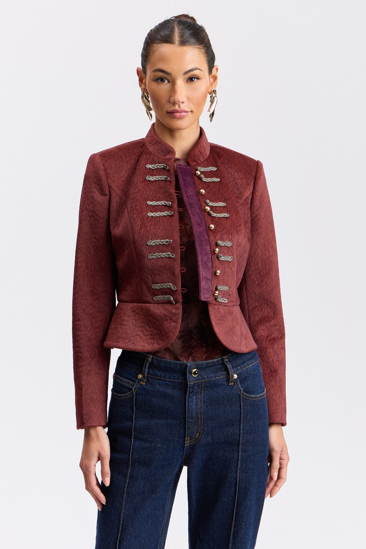 Burgundy textured faux wool military peplum jacket with mandarin collar -Shop cute jackets by Avec Les Filles.