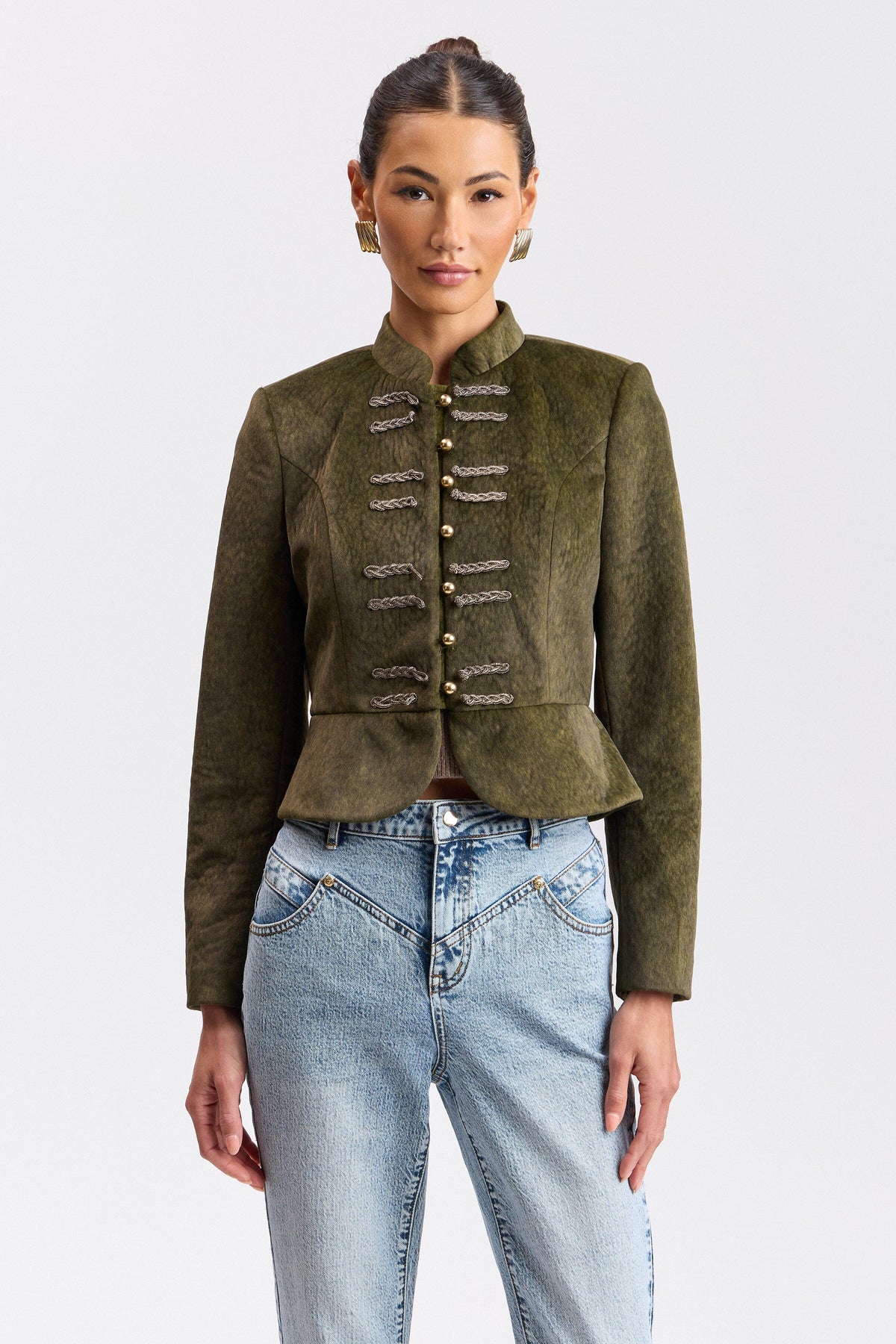 Dark green peplum jacket women's with a mandarin collar - Shop designer olive green jackets by Avec Les Filles.