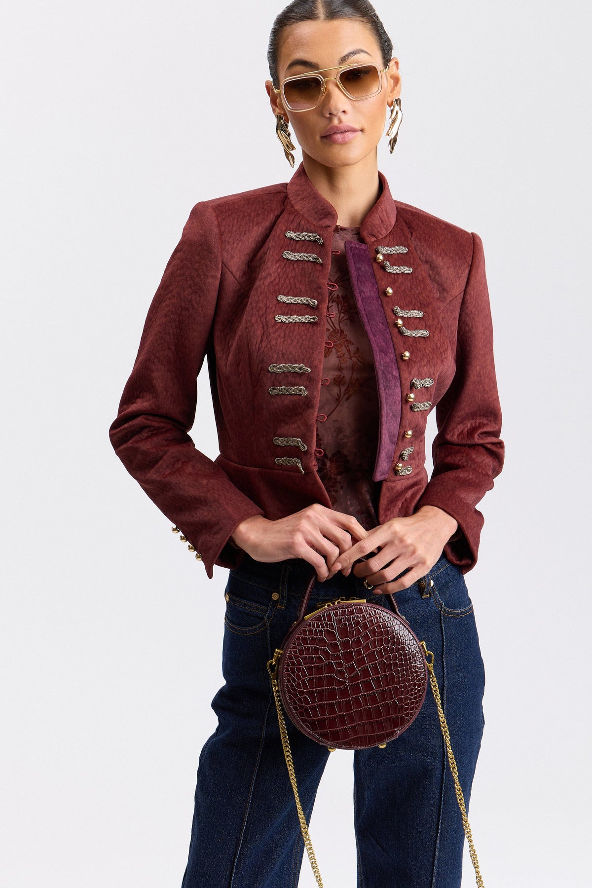 Burgundy peplum military jacket with mandarin collar - Shop designer women’s jackets by Avec Les Filles.