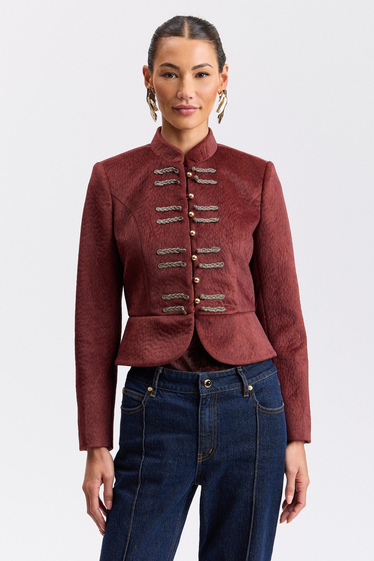 Faux wool military peplum burgundy jacket with mandarin collar and button-front by Avec Les Filles.