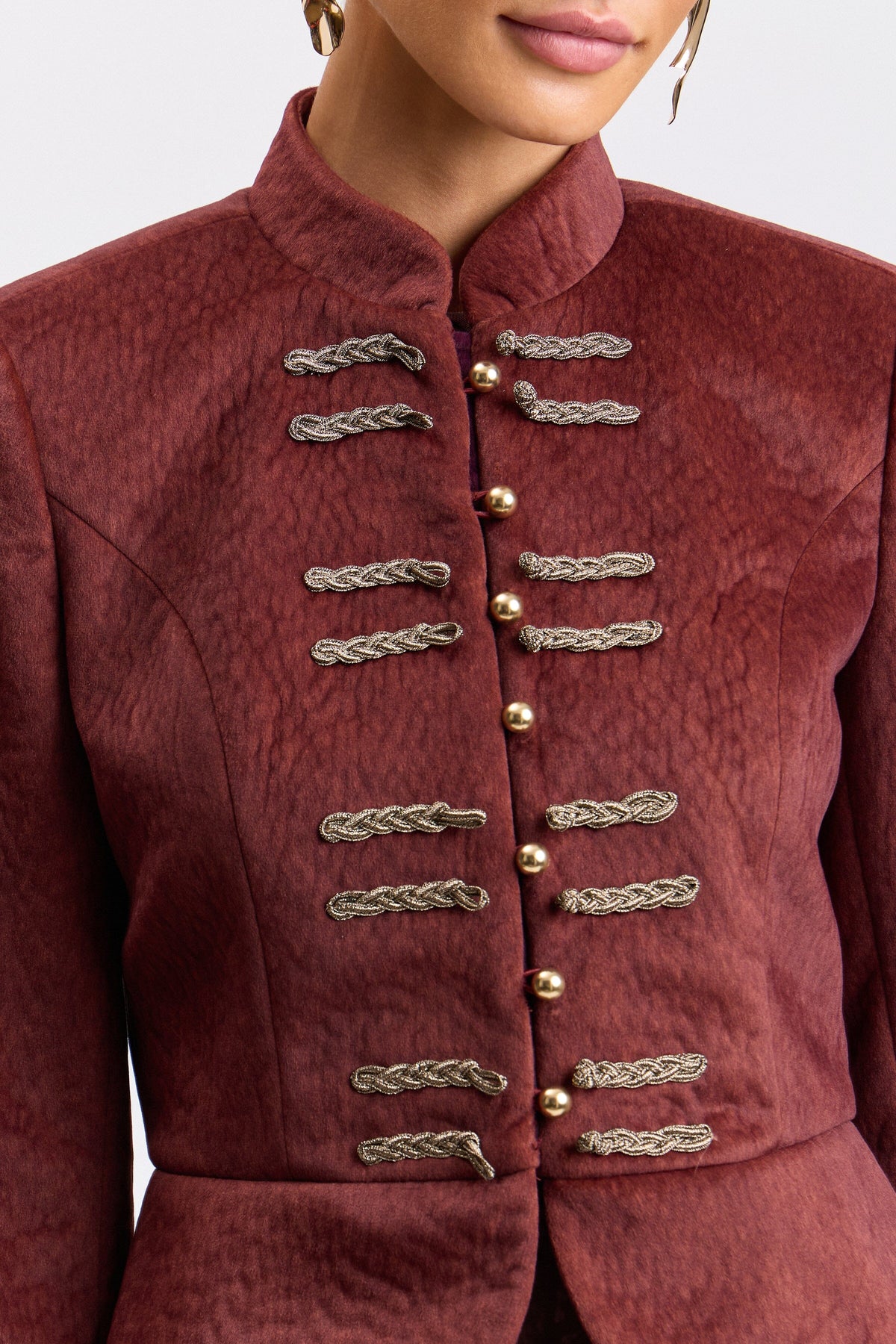 Military peplum burgundy jacket women with button-front  - Shop designer jackets by Avec Les Filles.