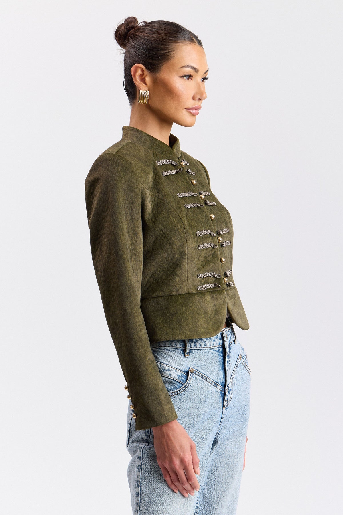 Peplum jacket olive green with mandarin collar - Shop women's cute olive green jackets by Avec Les Filles.