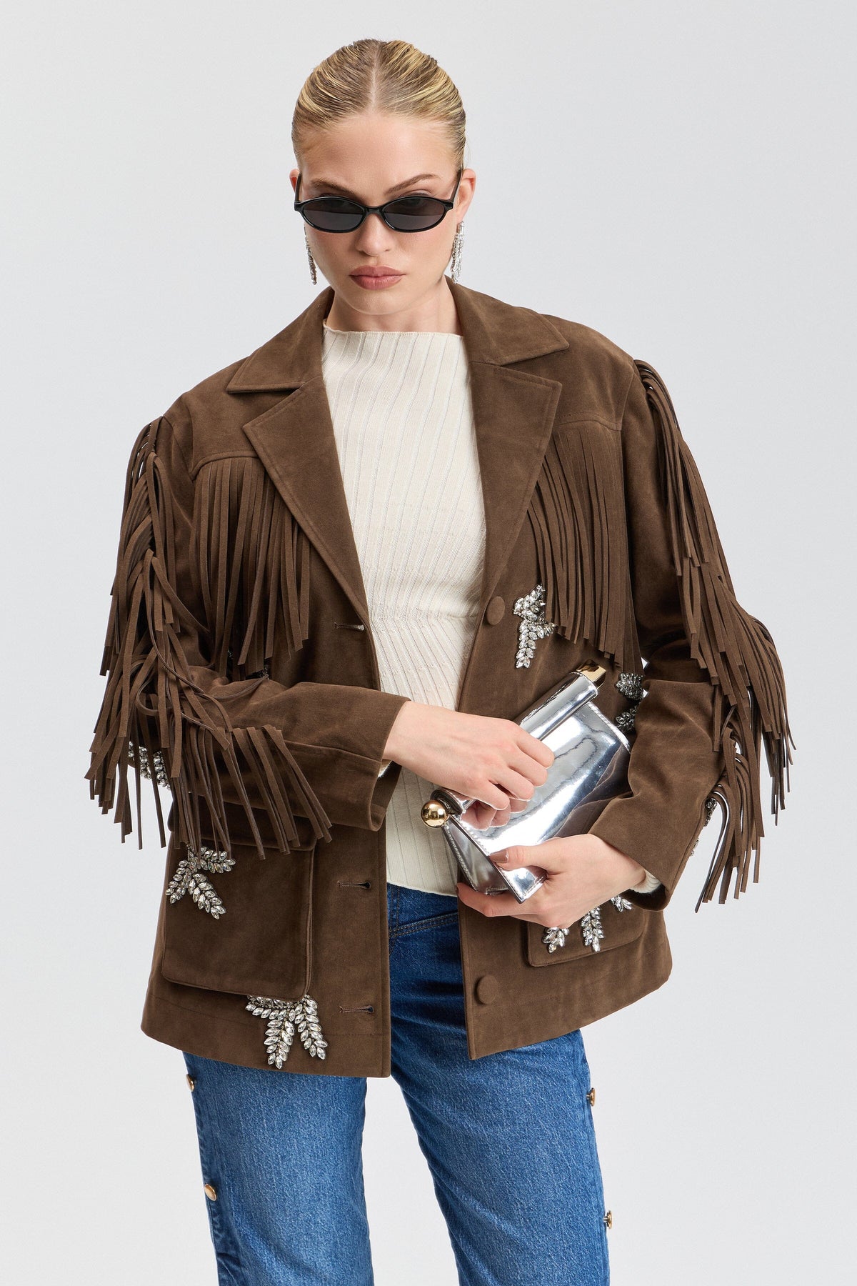 Embellished fringe brown faux suede jacket womens with button front - Shop designer jackets by Avec Les Filles.