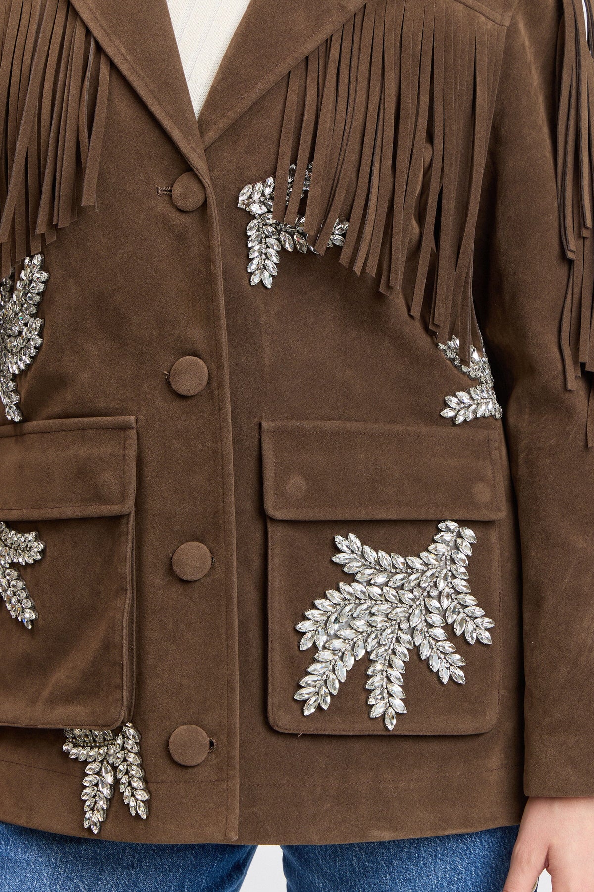 Embellished fringe brown faux suede jacket with button front - Shop women's cute brown jackets by Avec Les Filles.