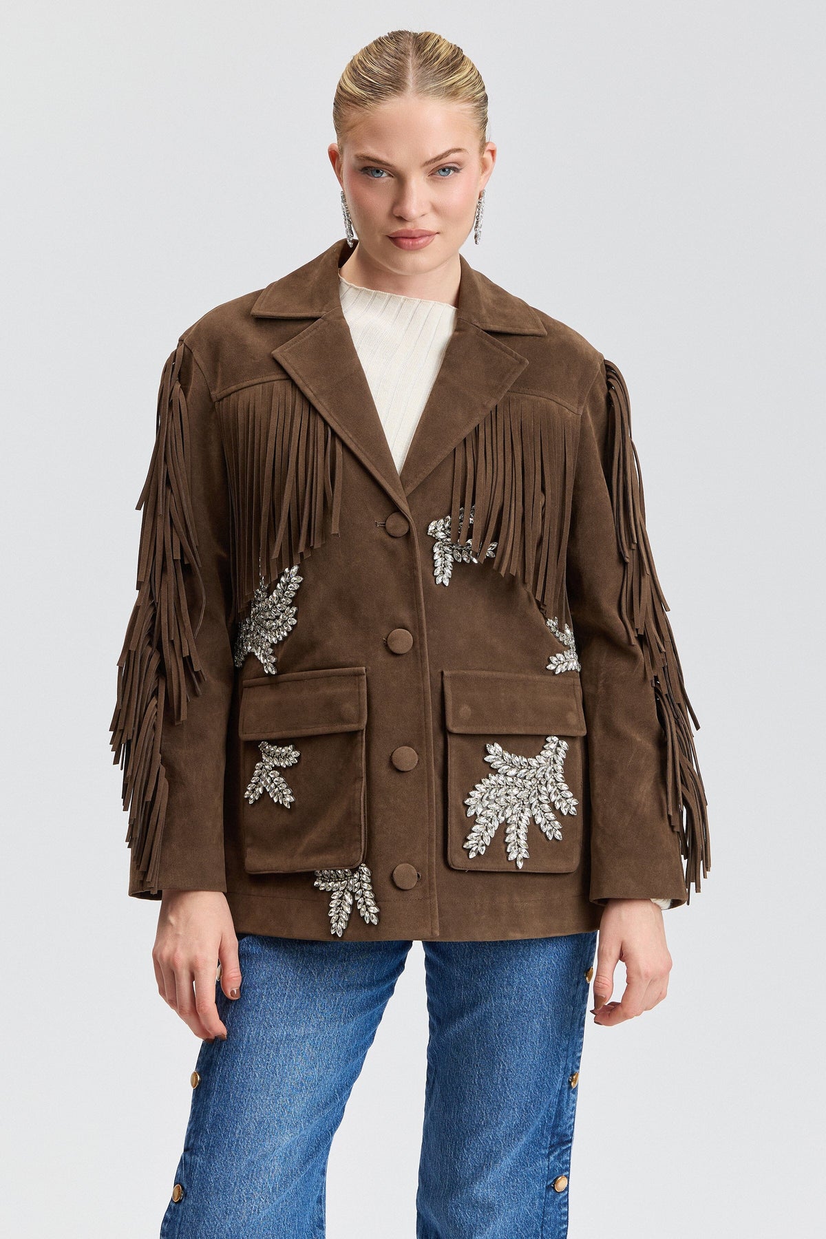 Embellished fringe brown suede jacket with button front and lapel collar - Shop women's jackets by Avec Les Filles.