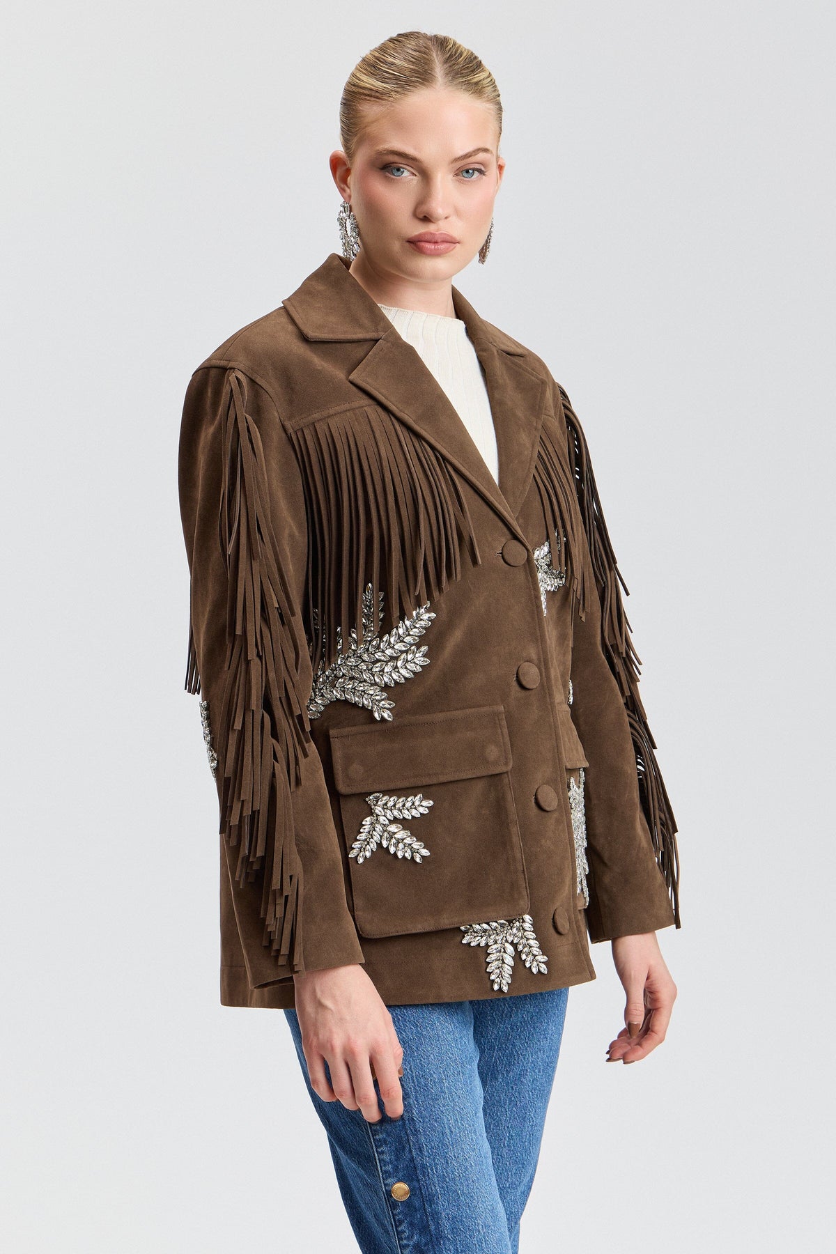 Brown suede fringe jacket womens with button front and lapel collar - Shop cute brown jackets by Avec Les Filles.