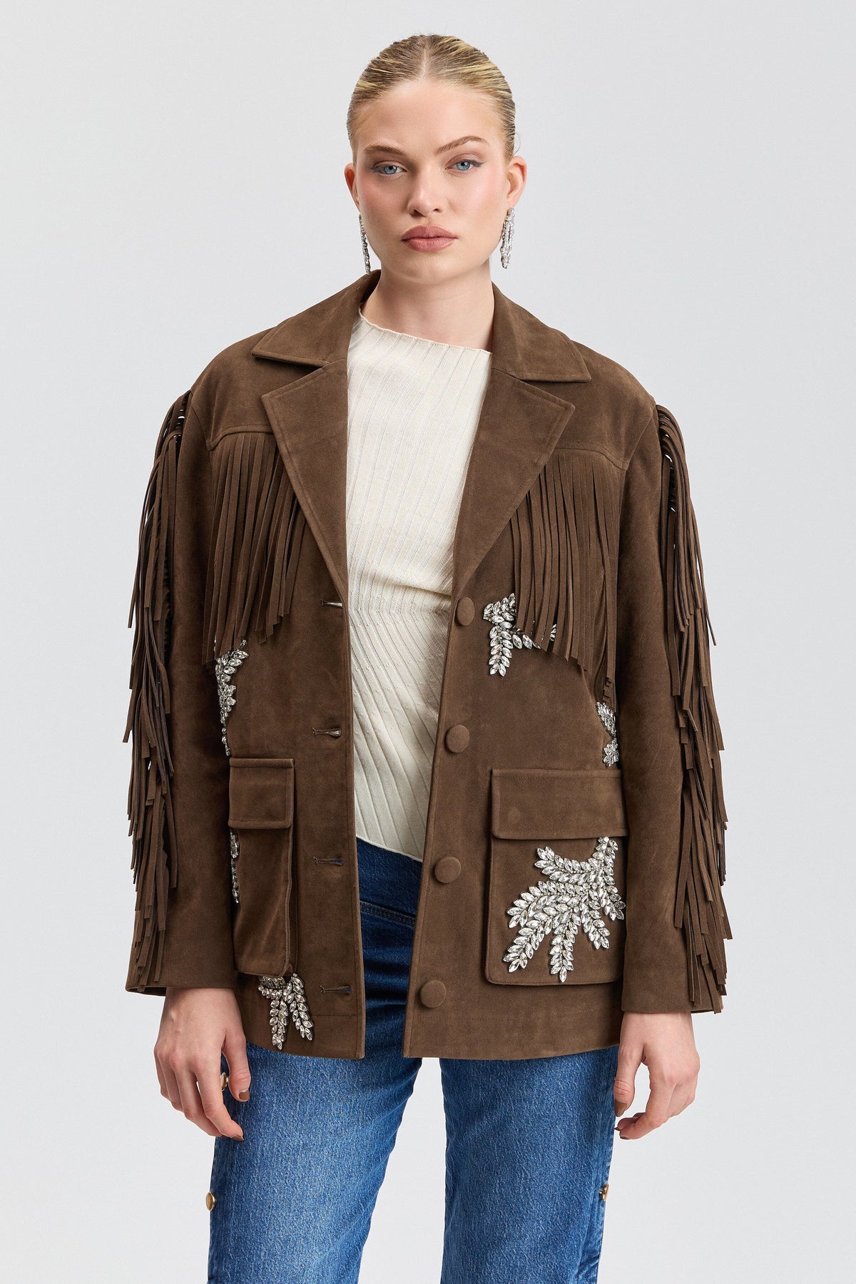 Embellished brown suede jacket with fringe women's - Shop designer brown jackets by Avec Les Filles.