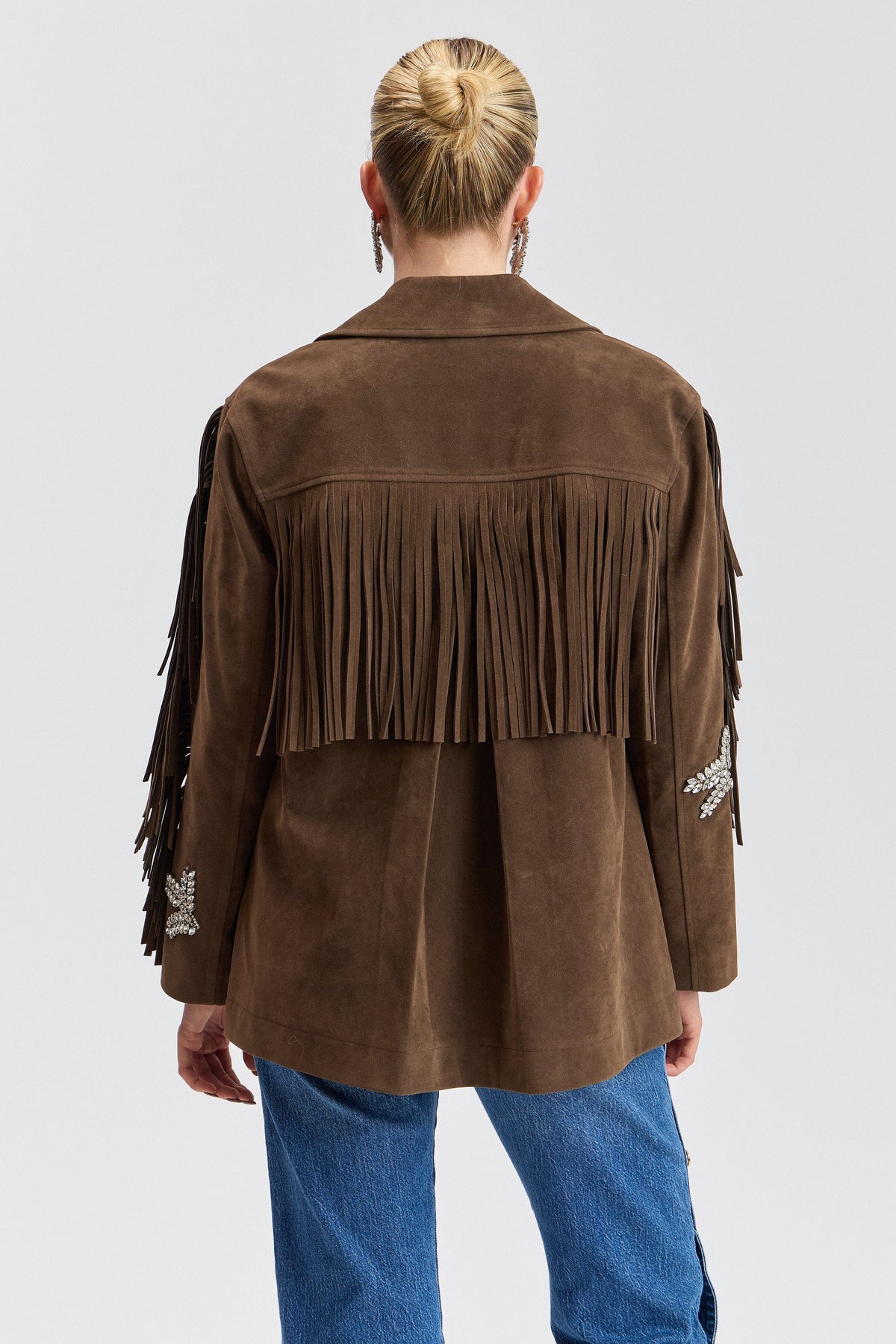 Embellished womens fringe jacket  - Shop designer women's cute brown suede jackets by Avec Les Filles.
