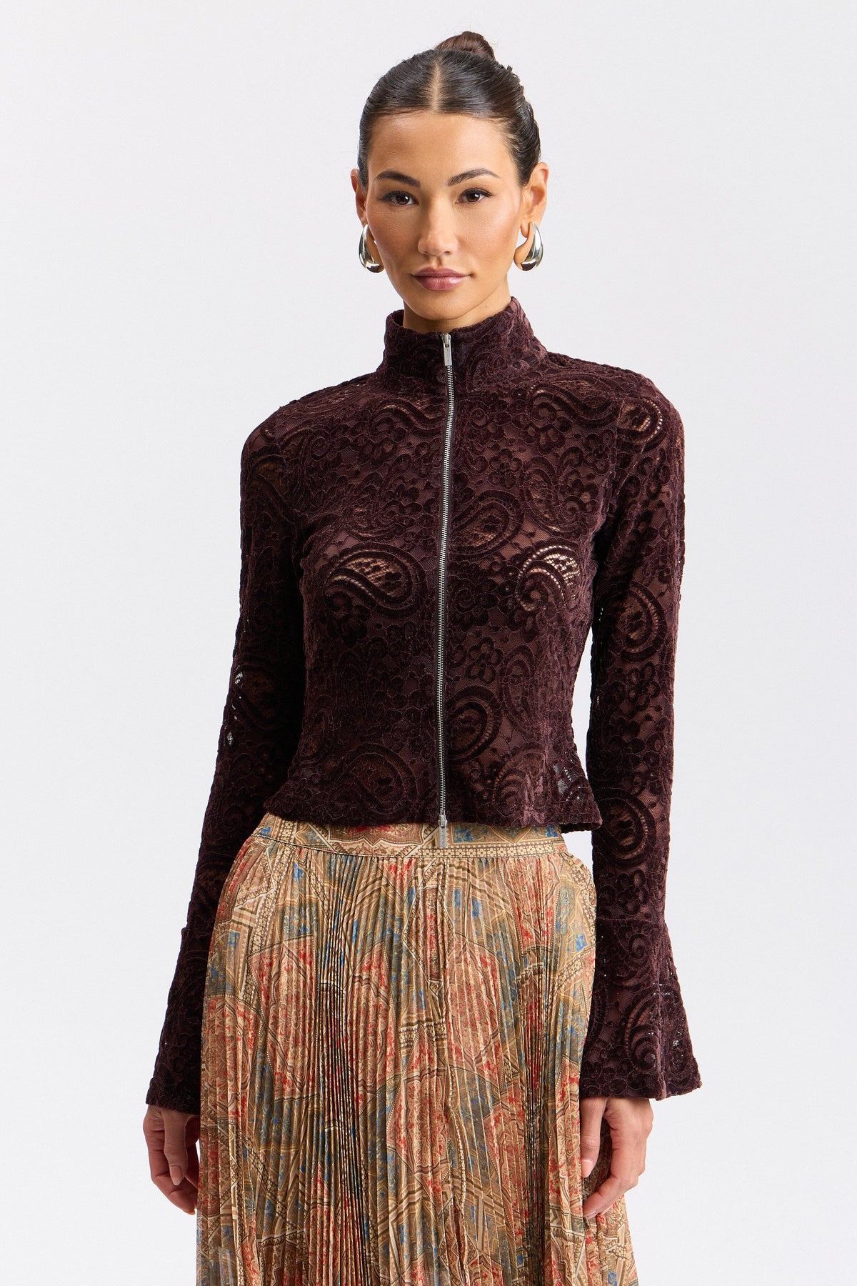 Stretch chenille zip-front brown lace top with a mock neck and long sleeves - Shop cute lace tops by Avec Les Filles.