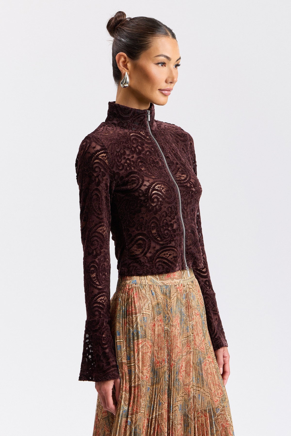 Brown lace top with a mock neck and long sleeves - Shop designer women's cute lacy tops by Avec Les Filles.