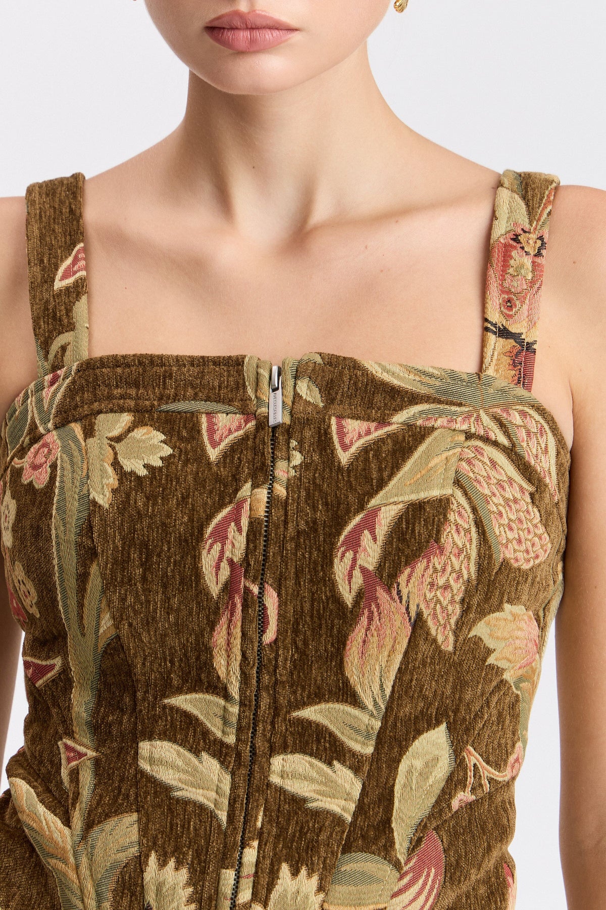 Brown floral sleeveless womens corset top with square neck and zip-front - Shop bustier tops by Avec Les Filles.