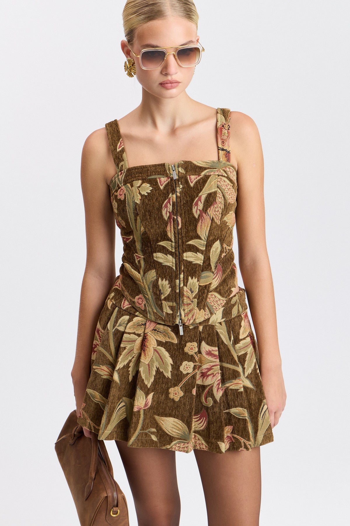 Brown floral sleeveless bustier corset top with square neck and zip-front - Shop corset tops by Avec Les Filles.