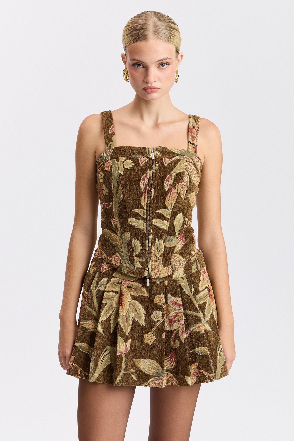 Brown floral multi sleeveless bustier top with a square neck and zip-front - Shop women's corset tops by Avec Les Filles.