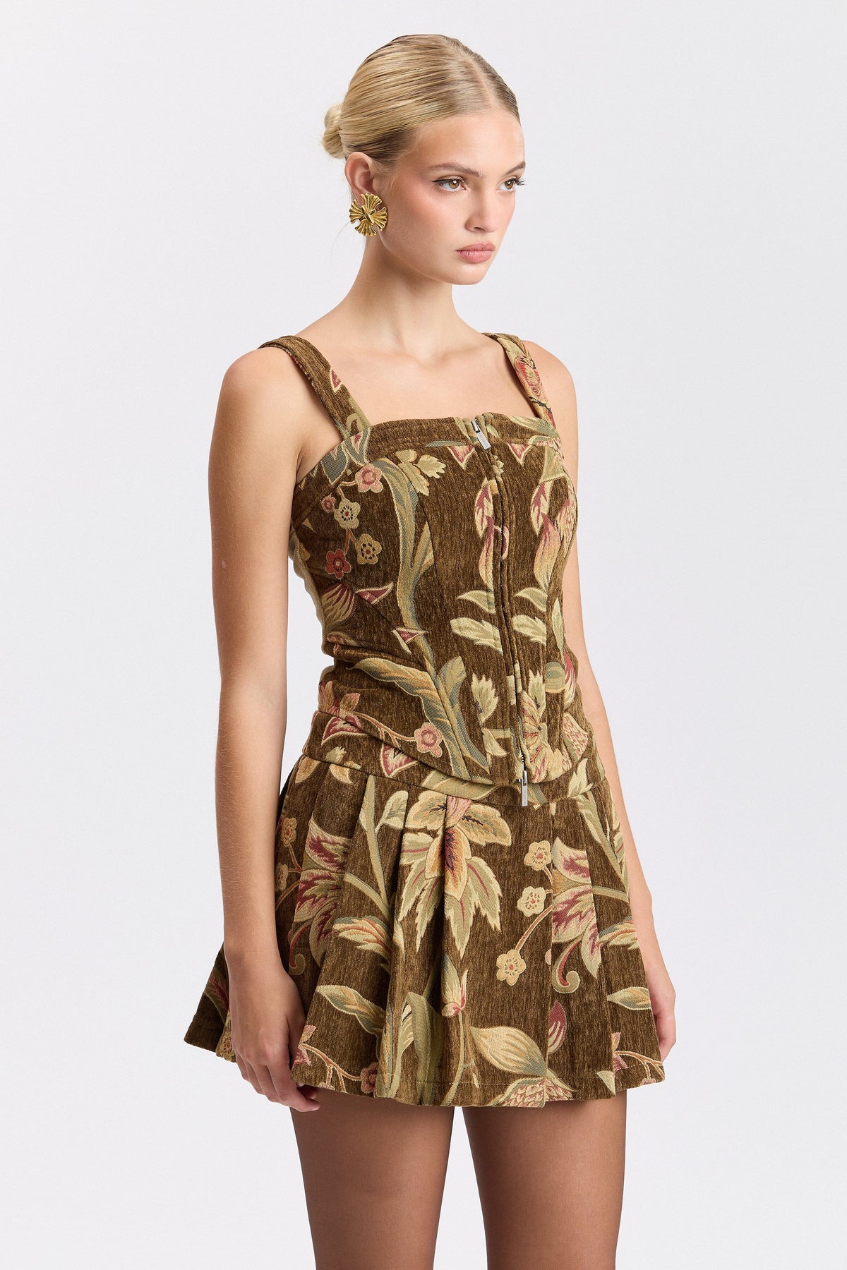 Brown multi sleeveless floral top with a square neck and zip-front - Shop women's corset tops by Avec Les Filles.