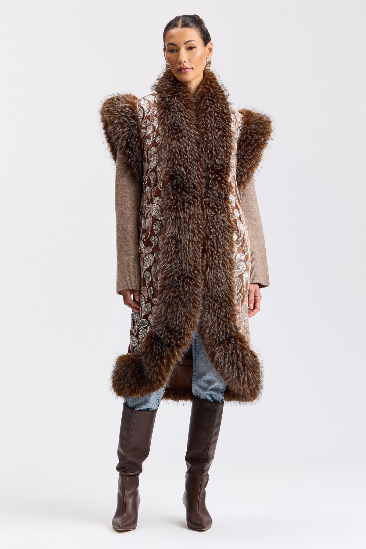 Sequin-embellished velvet maxi faux fur vest with shawl collar. Shop designer long vests for women by Avec Les Filles.