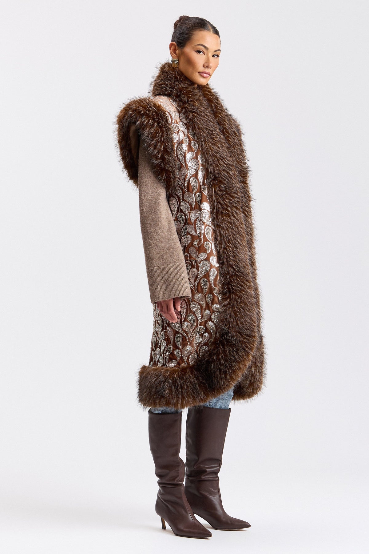 Sequin-embellished velvet maxi faux fur vest with shawl collar - Shop women's cute long vests by Avec Les Filles.