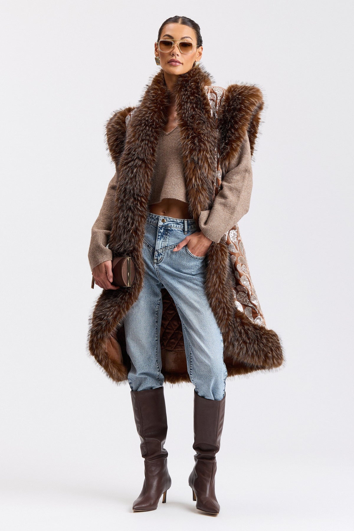 Sequin-embellished velvet  long faux fur vest with shawl collar - Shop designer women's long vests by Avec Les Filles.
