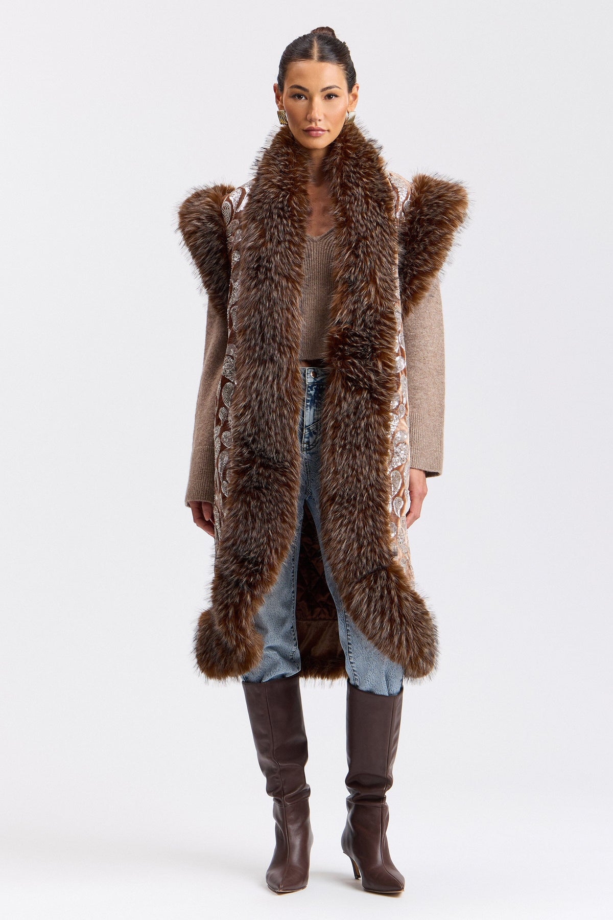 Sequin-embellished velvet maxi faux fur vest with shawl collar - Shop women's cute long vests by Avec Les Filles.