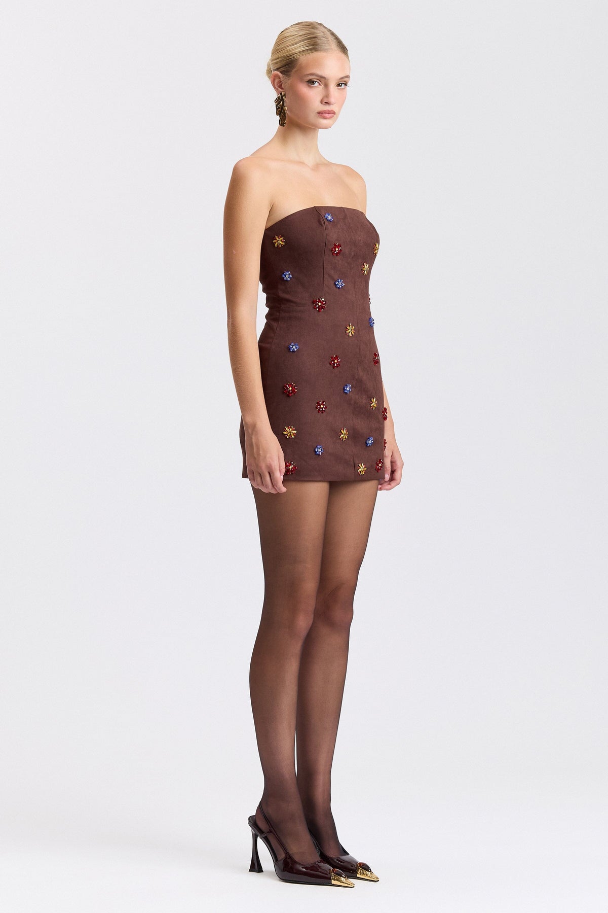 Faux suede strapless brown beaded mini dress - Shop designer women's cute mini dresses by Avec Les Filles.