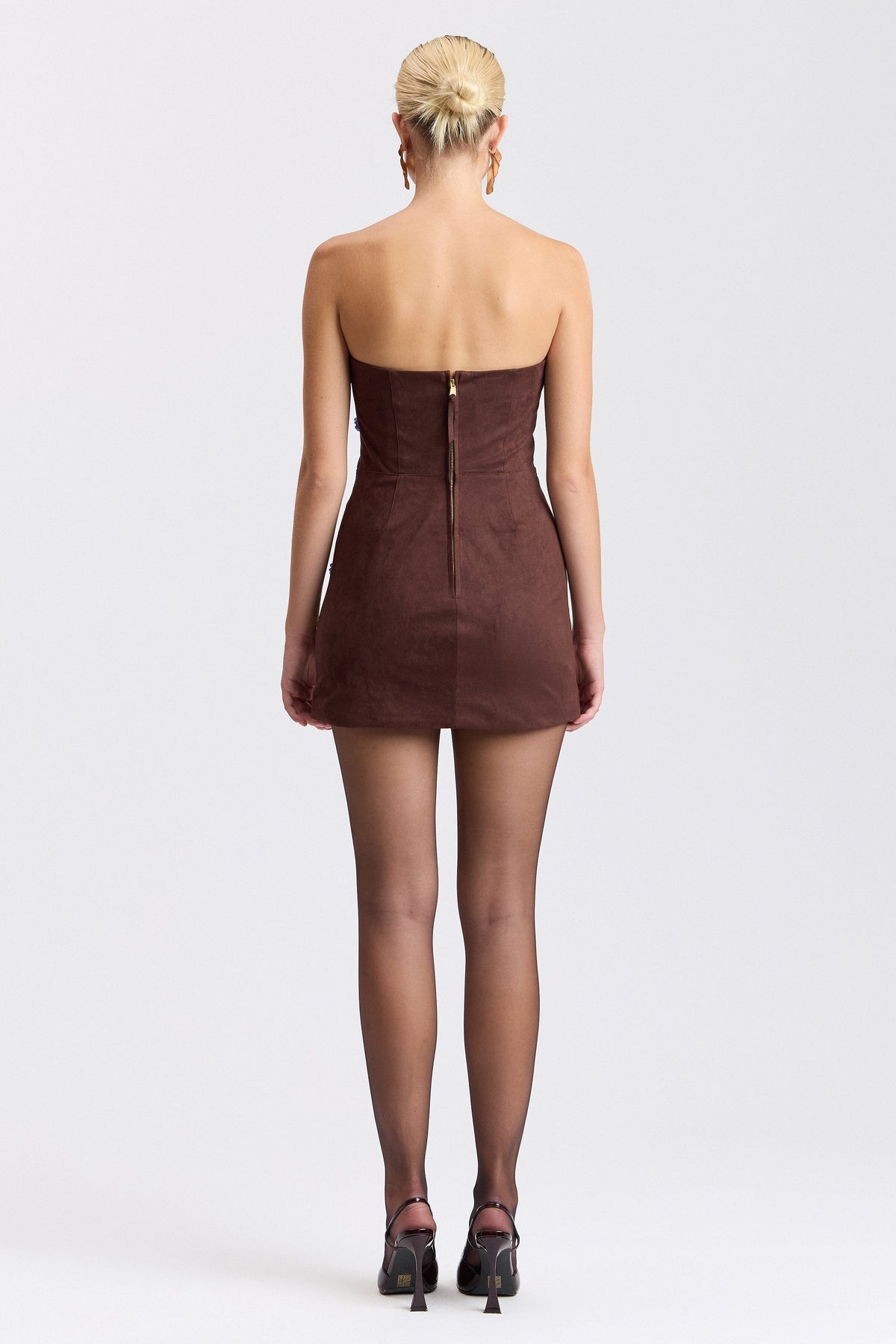 Brown embellished mini dress with a fitted silhouette. Shop designer women's cute mini dresses by Avec Les Filles.