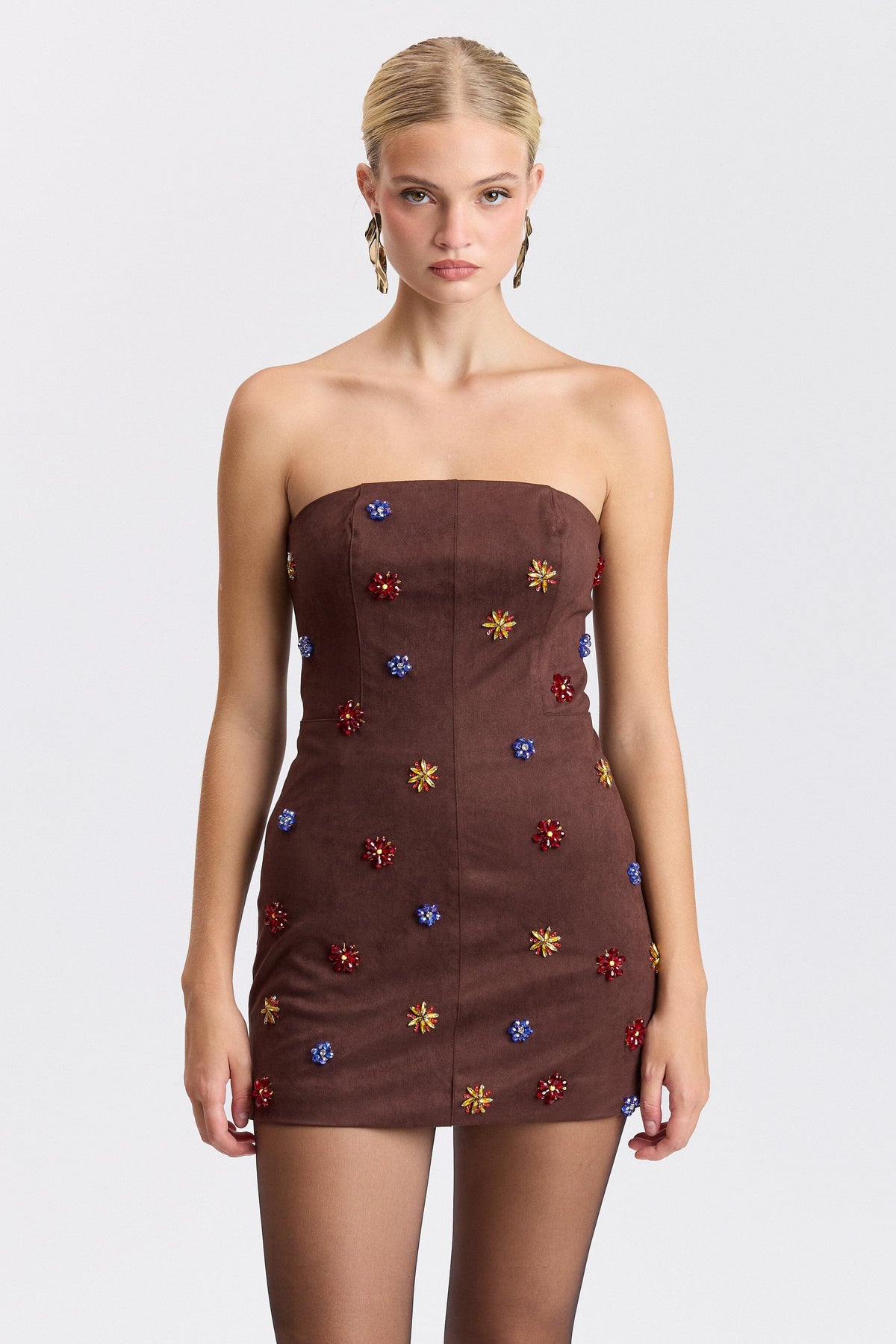 Embellished faux suede strapless brown mini dress - Shop designer women's cute mini dresses by Avec Les Filles.