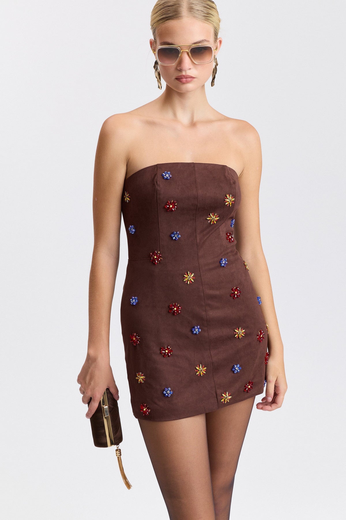 Embellished strapless brown faux suede dress - Shop designer women's cute mini dresses by Avec Les Filles.