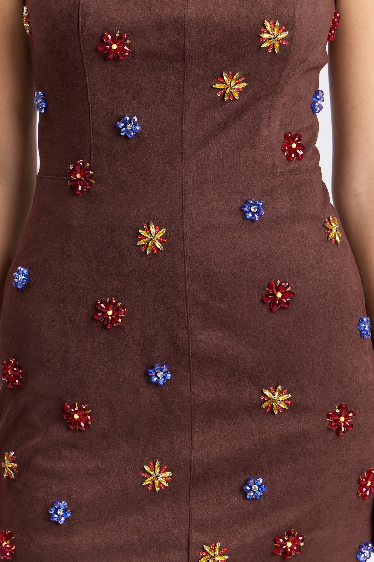 Embellished faux suede brown strapless mini dress - Shop designer women's cute mini dresses by Avec Les Filles.