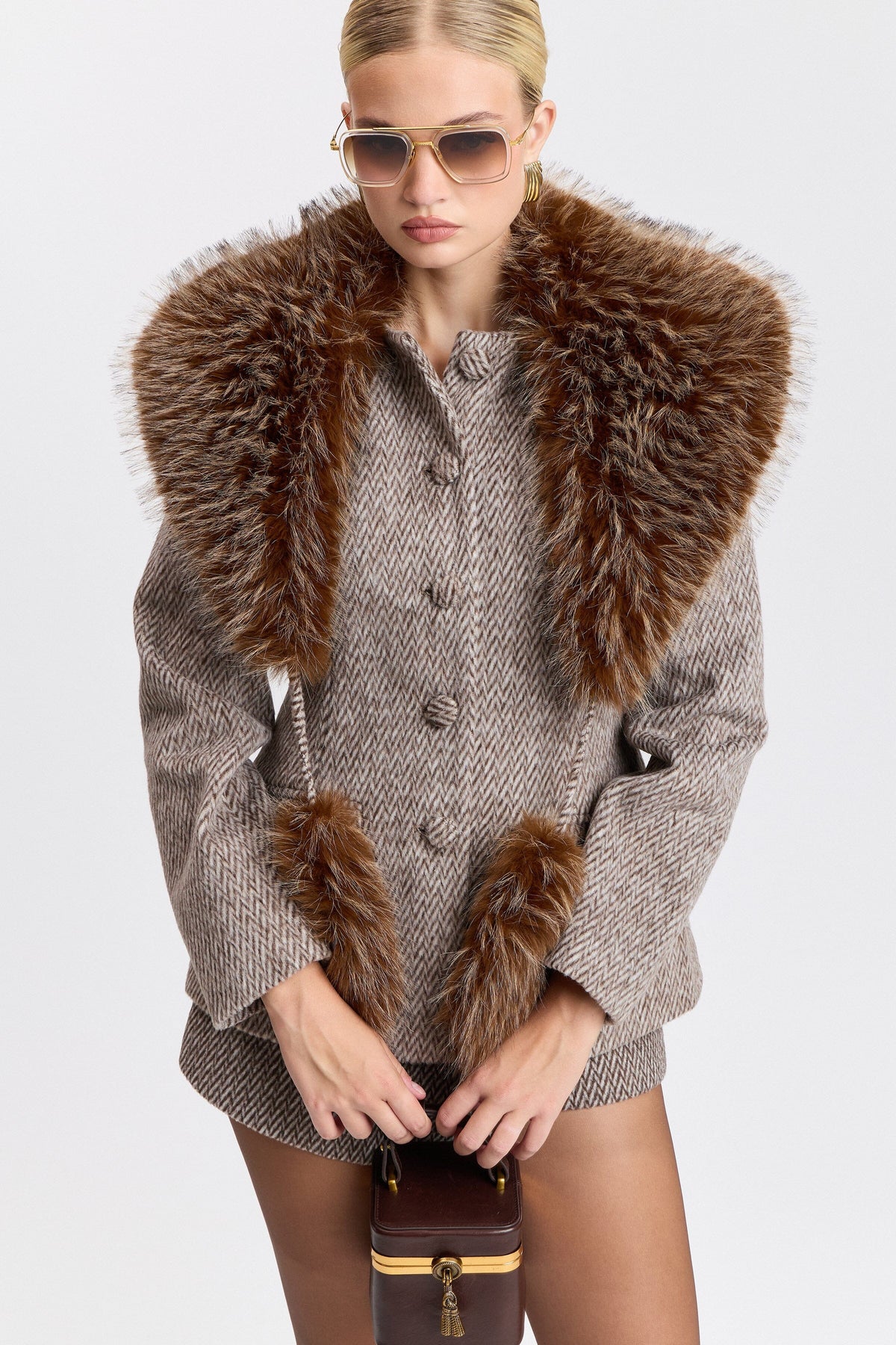 Chevron grey blazer with a detachable faux fur collar - Shop designer blazer womens by Avec Les Filles.
