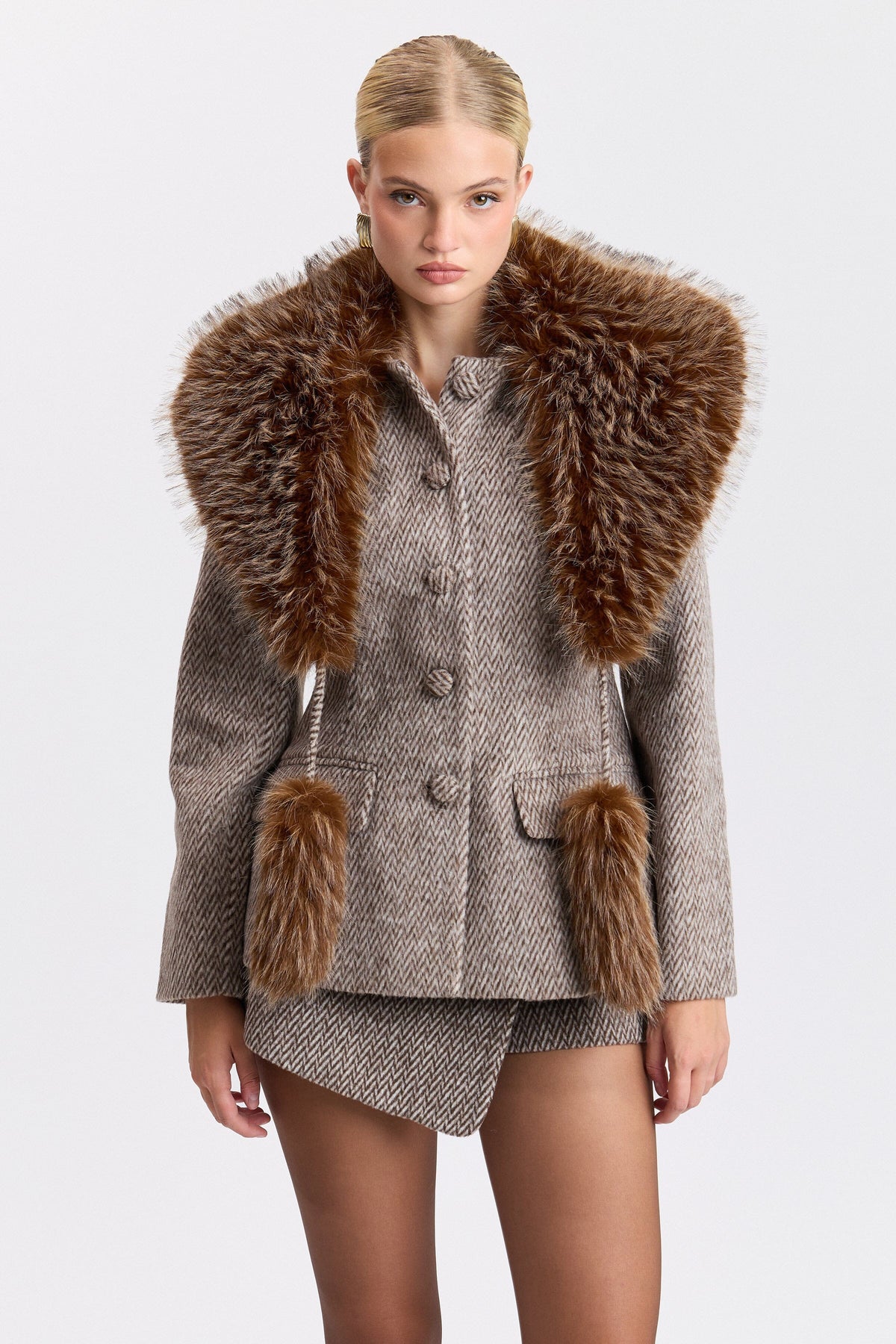 Chevron grey tailored blazer with a faux fur collar - Shop designer women's cute blazer jackets by Avec Les Filles.