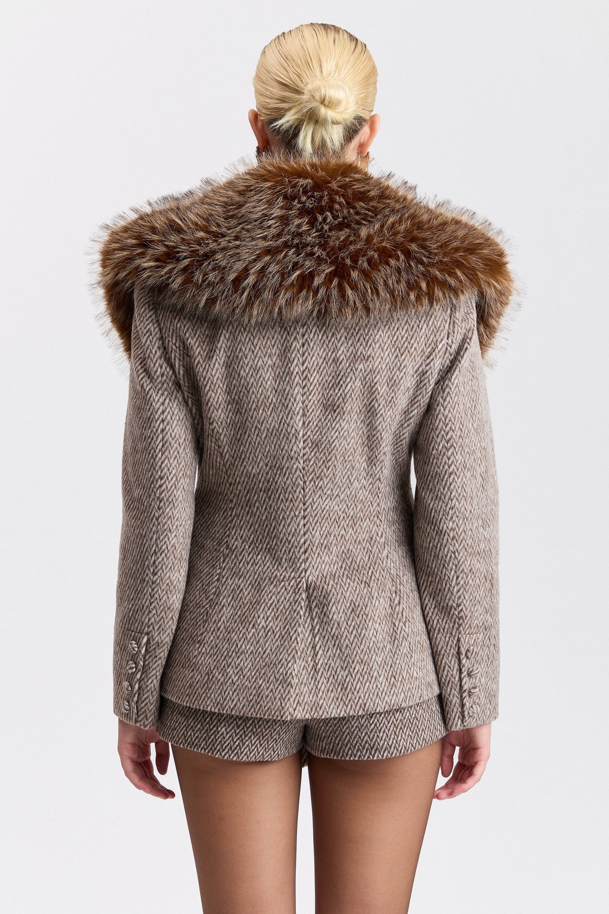 Chevron grey women's blazer with a faux fur collar - Shop designer blazer jackets by Avec Les Filles.