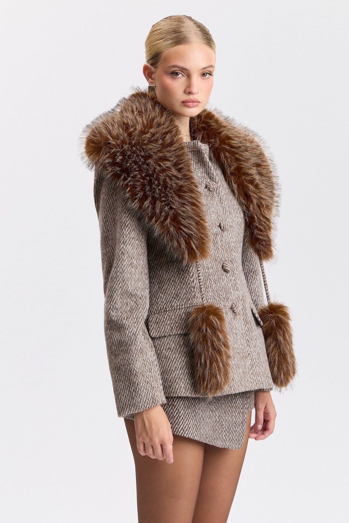 Chevron grey blazer with a detachable faux fur collar - Shop designer womens blazer jacket by Avec Les Filles.