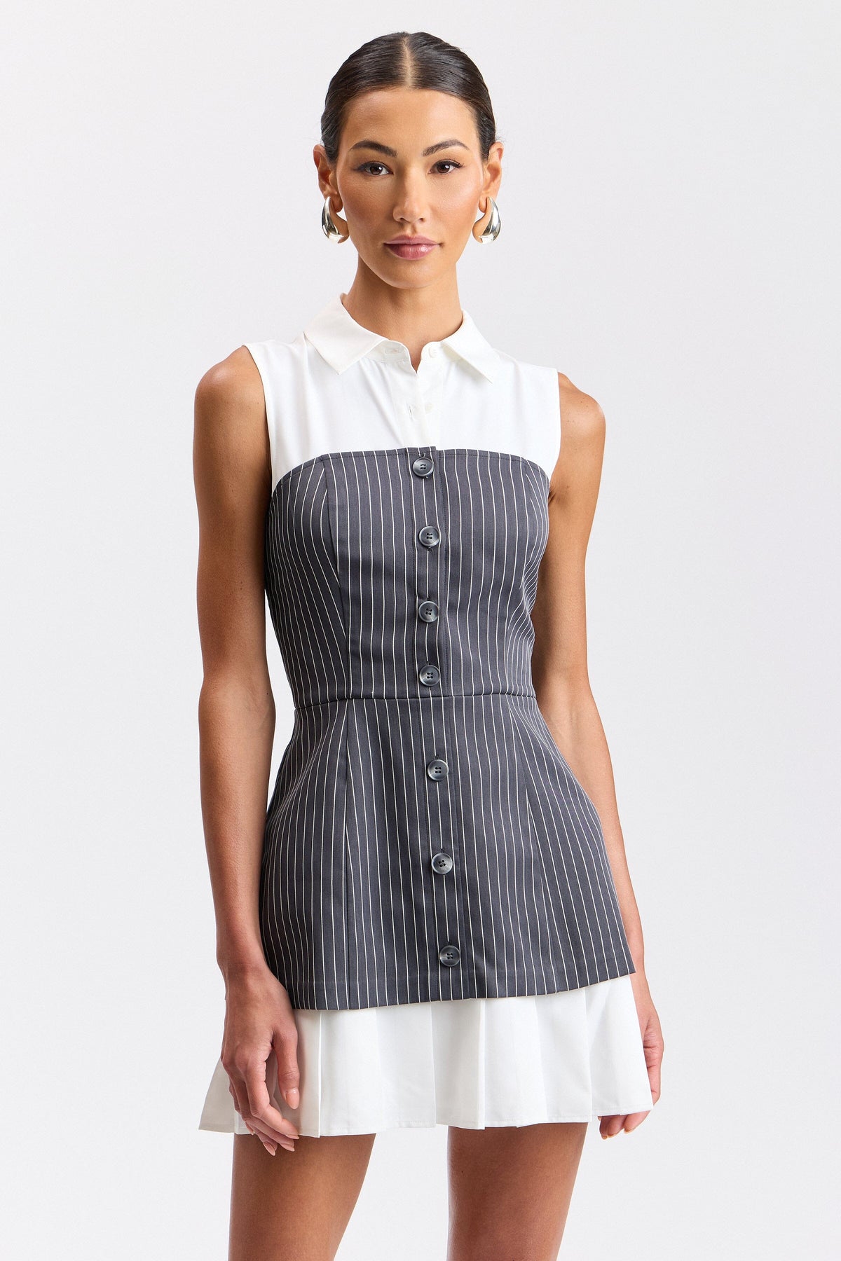 White and grey striped sleeveless women shirt dress - Shop designer work dresses by Avec Les Filles.