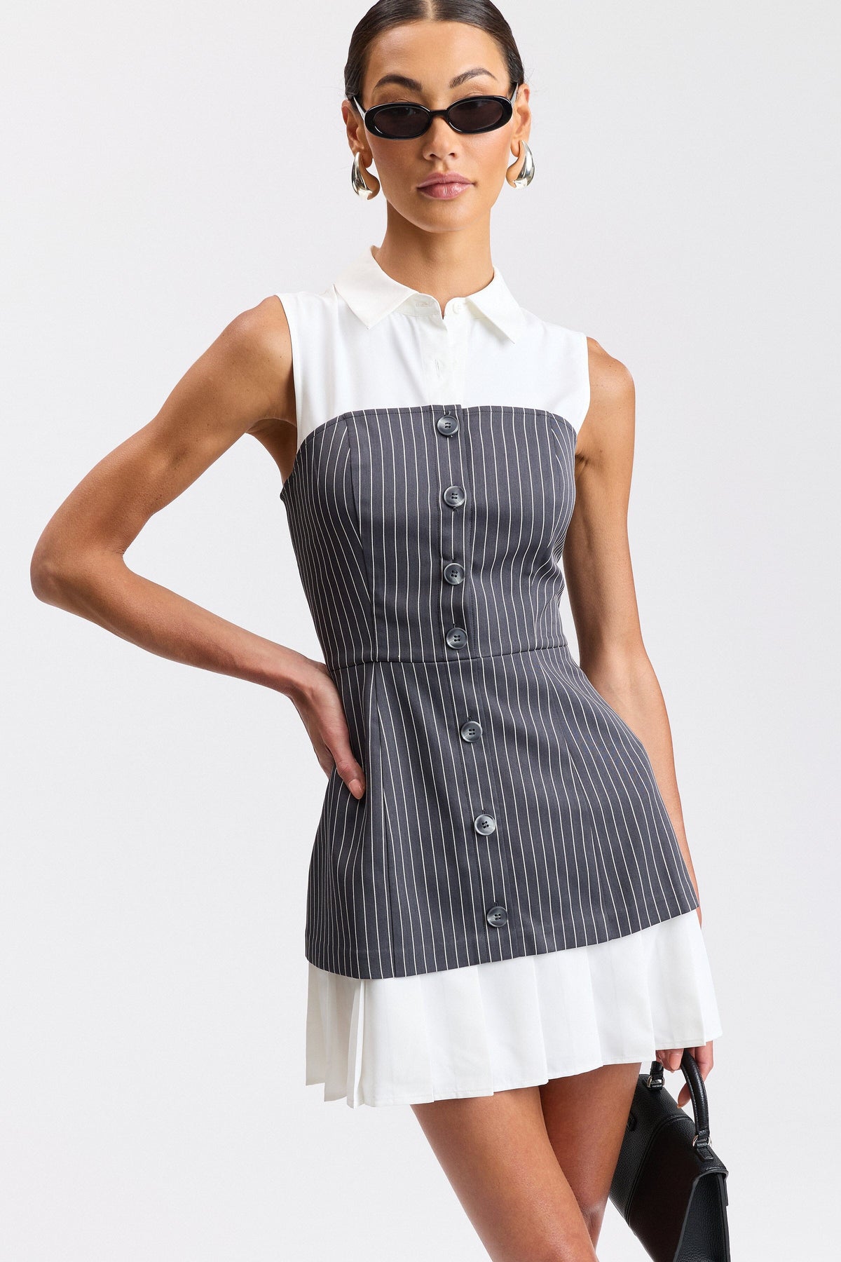 White and grey striped sleeveless shirt dress - Shop women's dresses wear to work by Avec Les Filles.