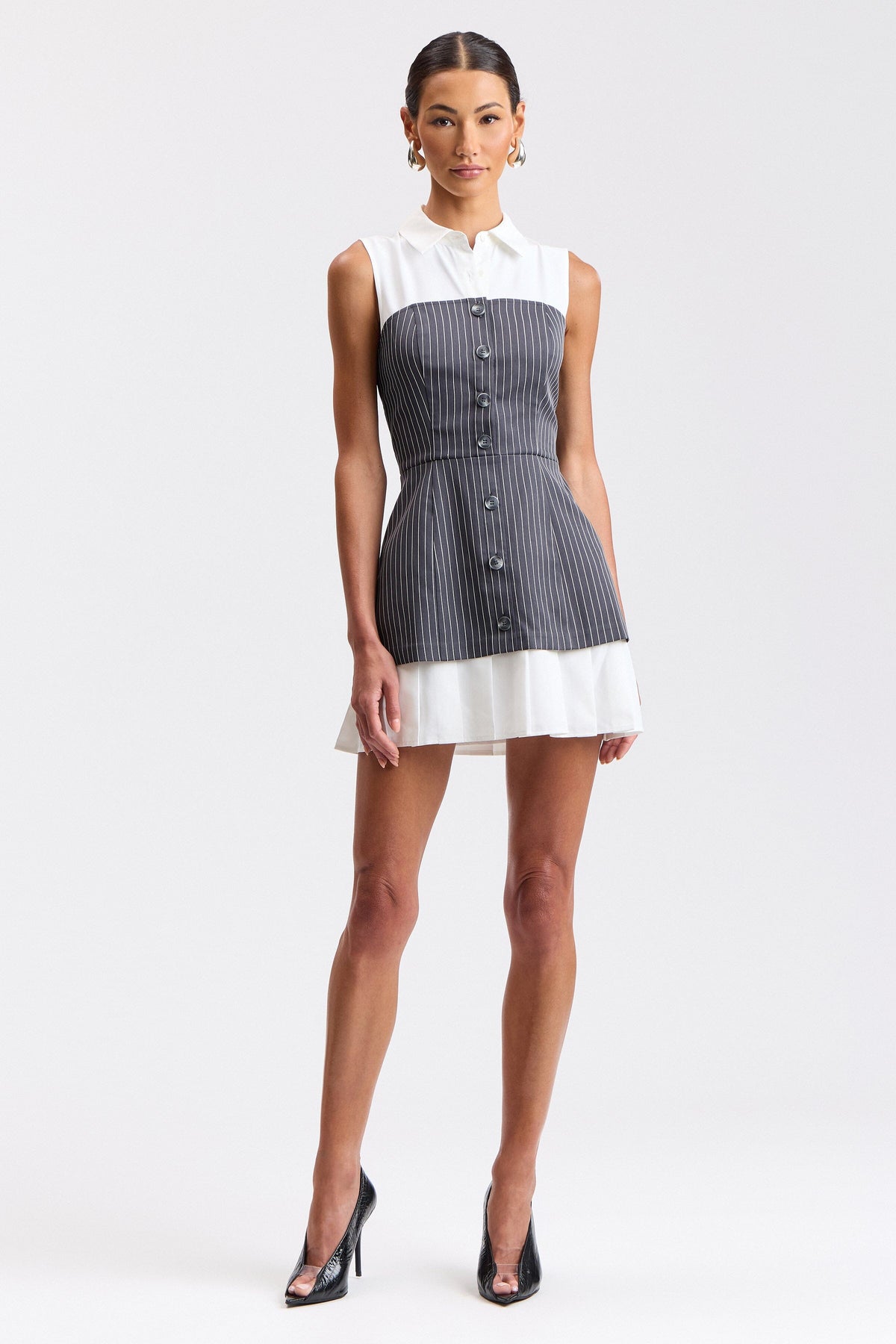White and grey striped sleeveless pleated shirtdress - Shop women's cute work dresses by Avec Les Filles.