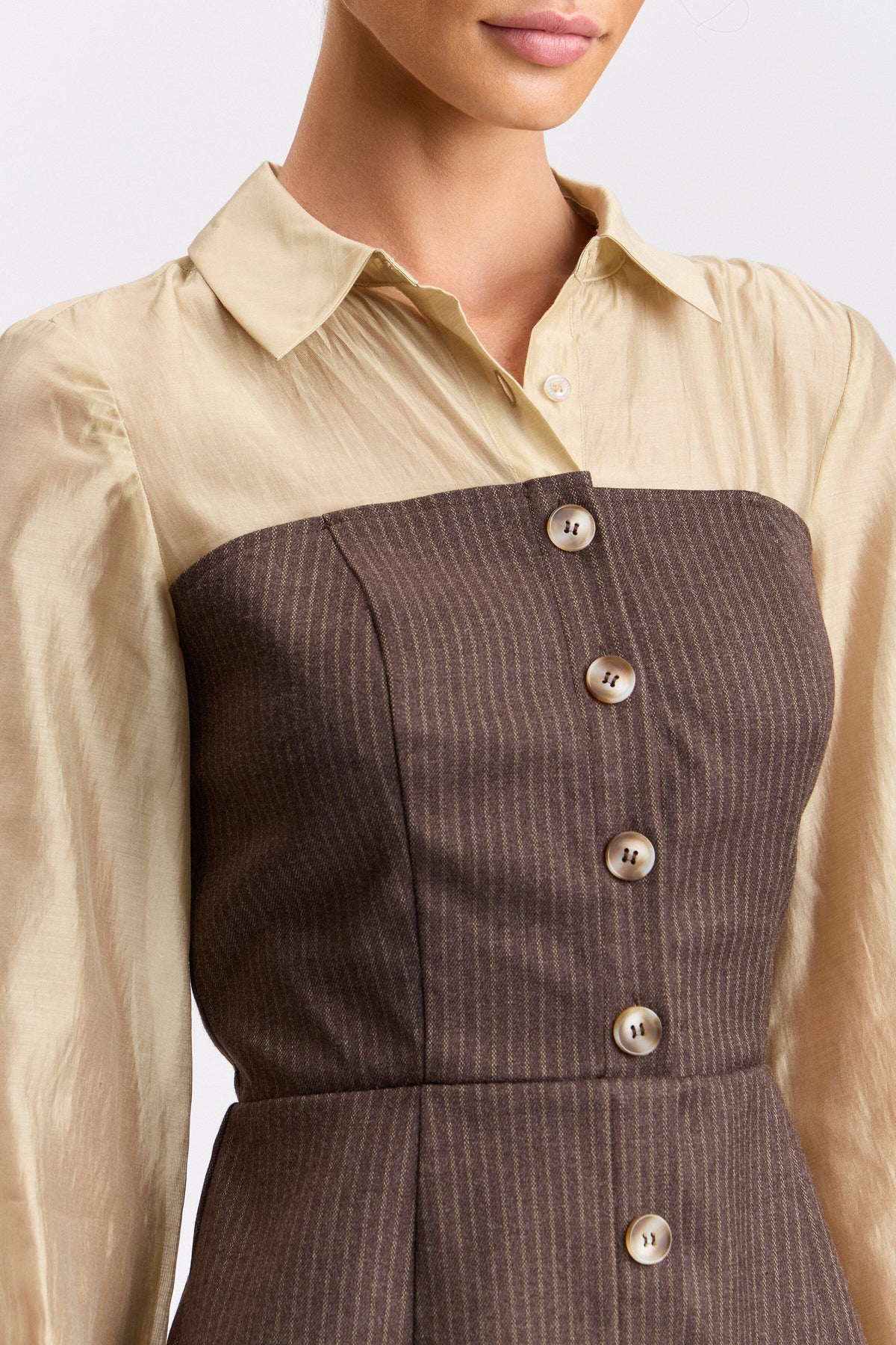 Striped brown mini shirt dress women with a button front - Shop designer work dresses by Avec Les Filles.