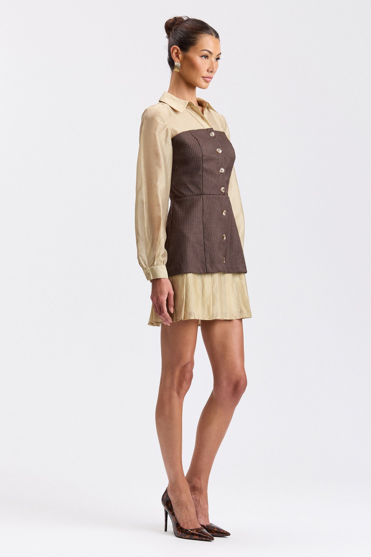 Brown mini stripe dress with a pleated hem - Shop designer women's cute work dresses by Avec Les Filles.