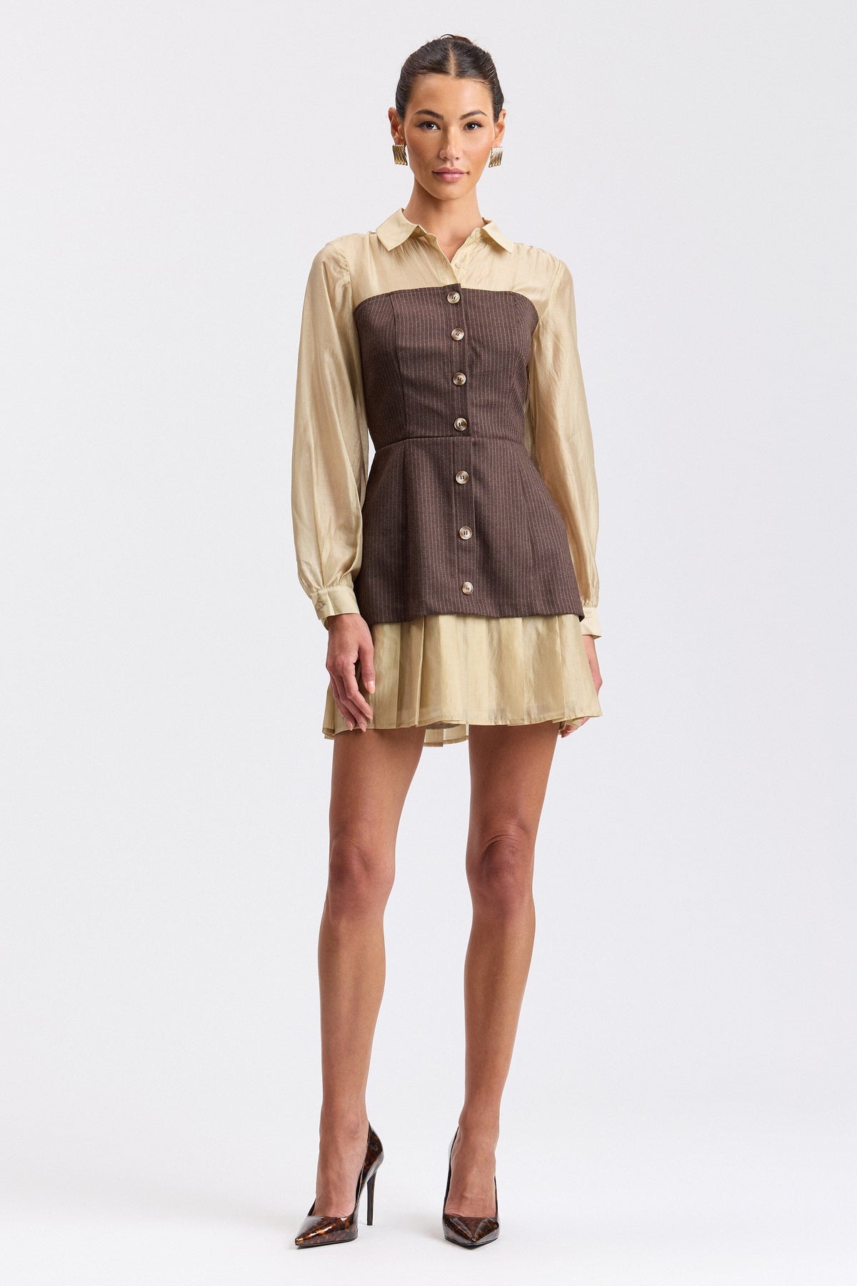 Striped brown button down dress with pleated hem - Shop women's shirt dresses by Avec Les Filles.