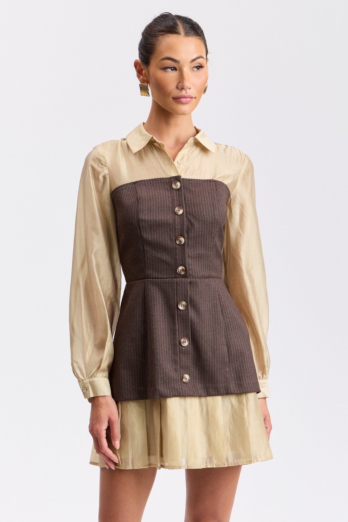 Striped women's dress shirt with a pleated hem - Shop designer women's cute work dresses by Avec Les Filles.
