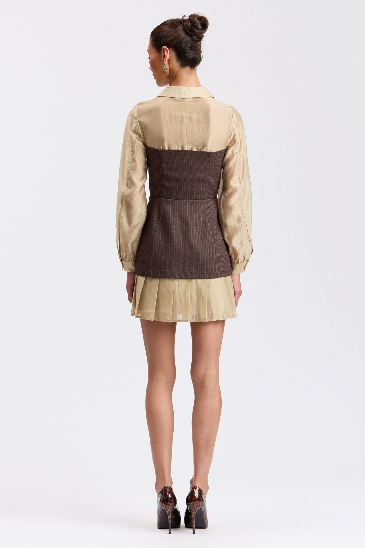 Striped brown dress with a pleated hem - Shop designer women's cute work dresses by Avec Les Filles.