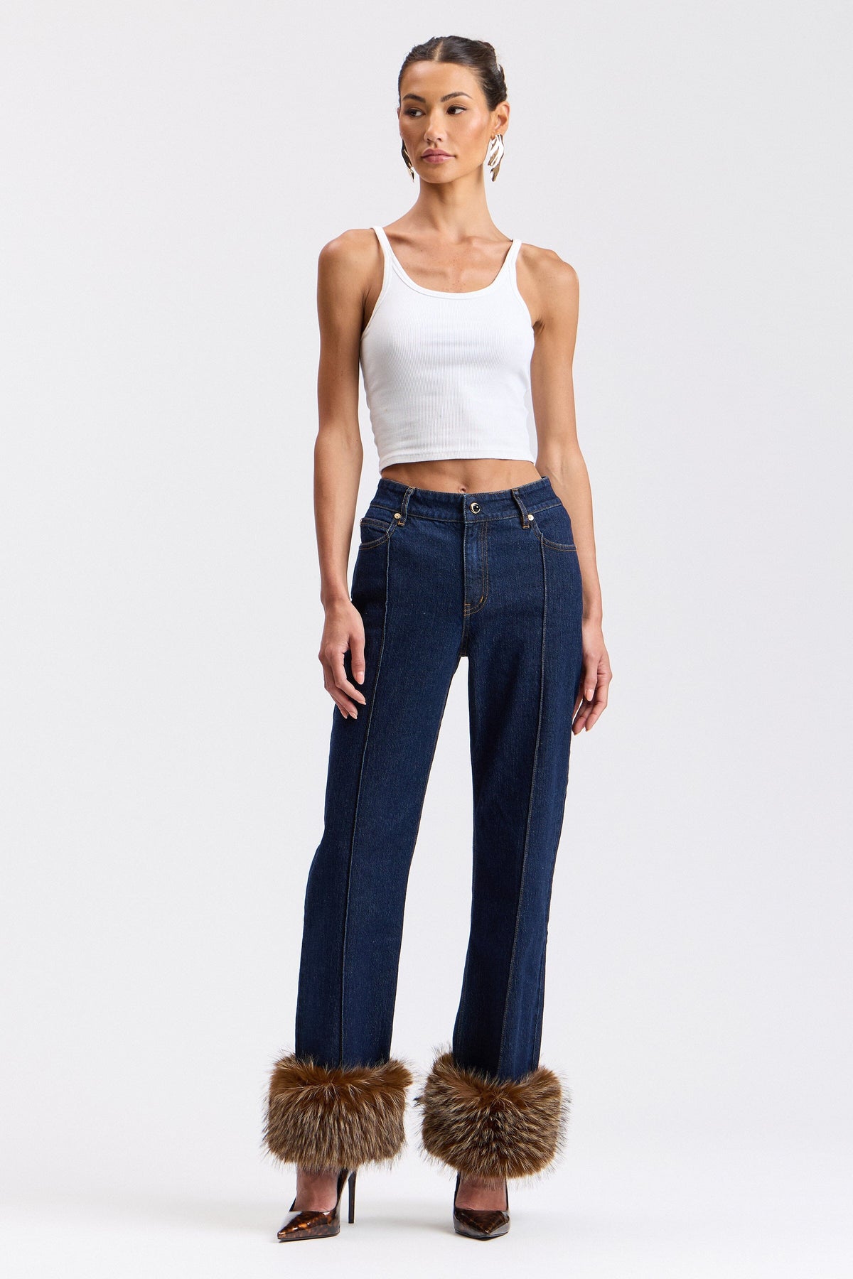 Indigo blue high-waist straight jeans with trim on bottom - Shop women's cute denim jeans by Avec Les Filles.