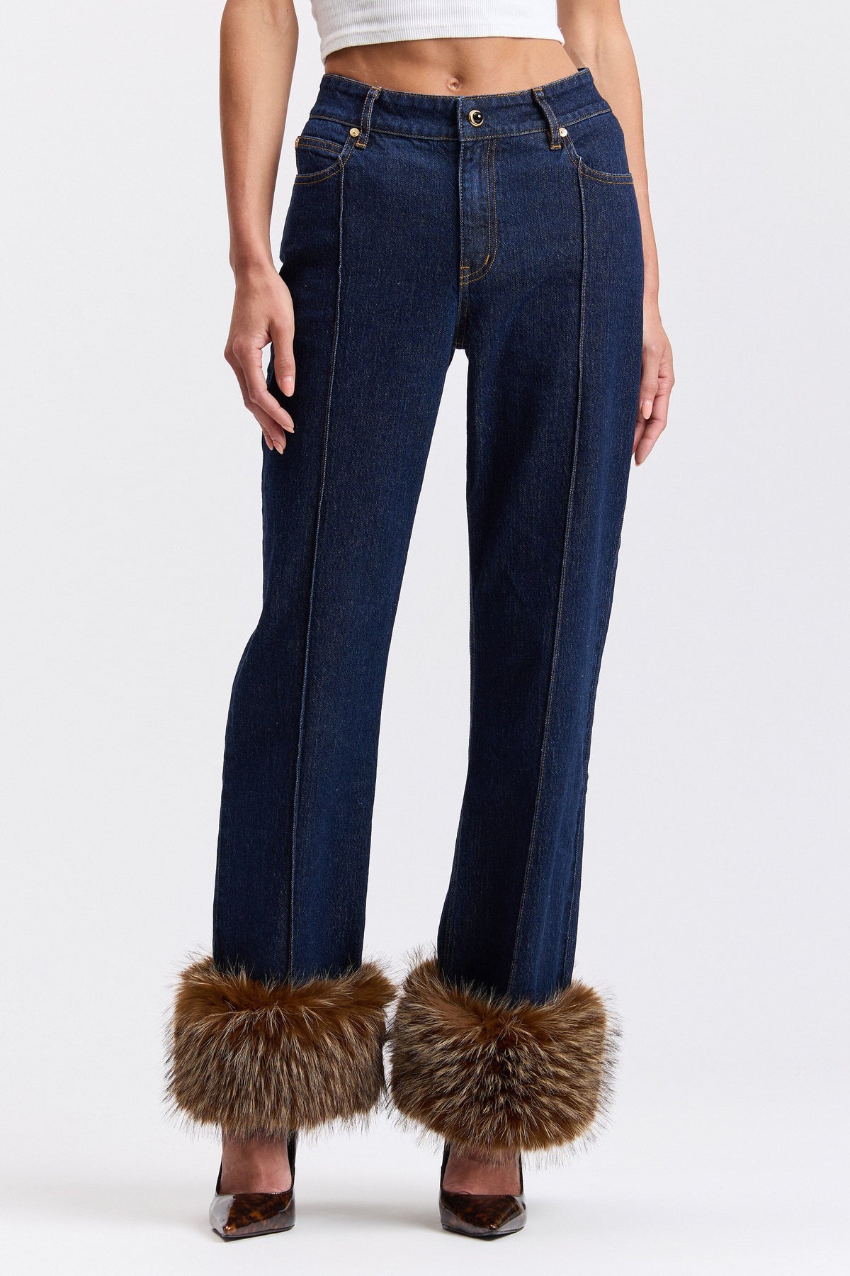 Indigo blue high-waist fur trimmed pants jeans - Shop designer women's cute denim jeans by Avec Les Filles.