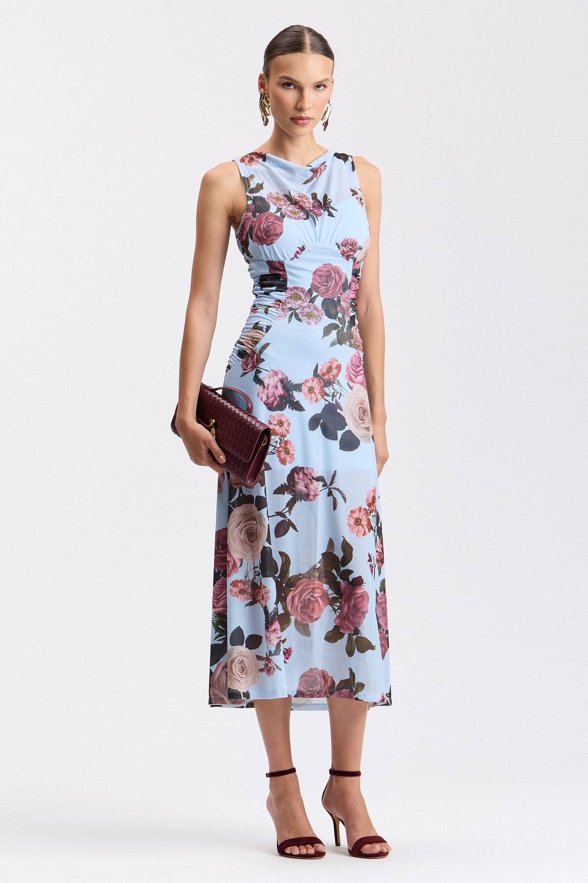 Sleeveless mesh-patchwork blue floral dress with crew neck - Shop women's cute printed dresses by Avec Les Filles. 