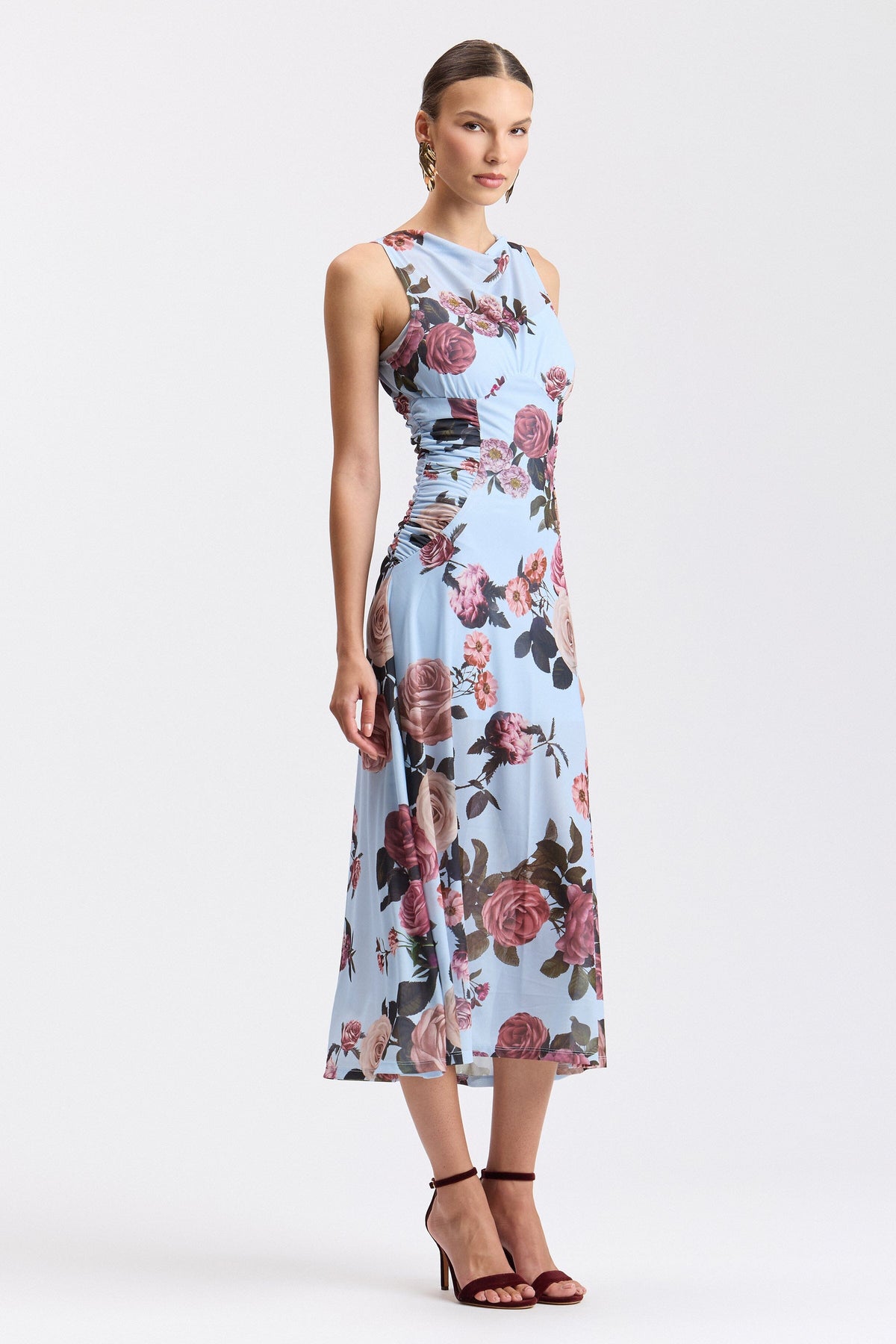 Sleeveless blue mesh midi dress with a crew neck and ruched waist - Shop women's midi dresses by Avec Les Filles. 