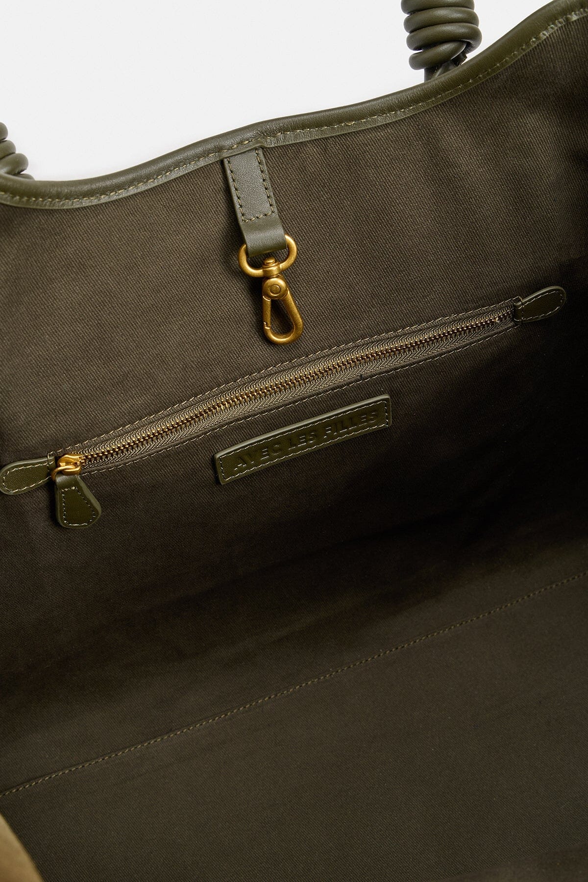 Olive green tote with dual leather shoulder straps - Shop designer suede women's handbags by Avec Les Filles.