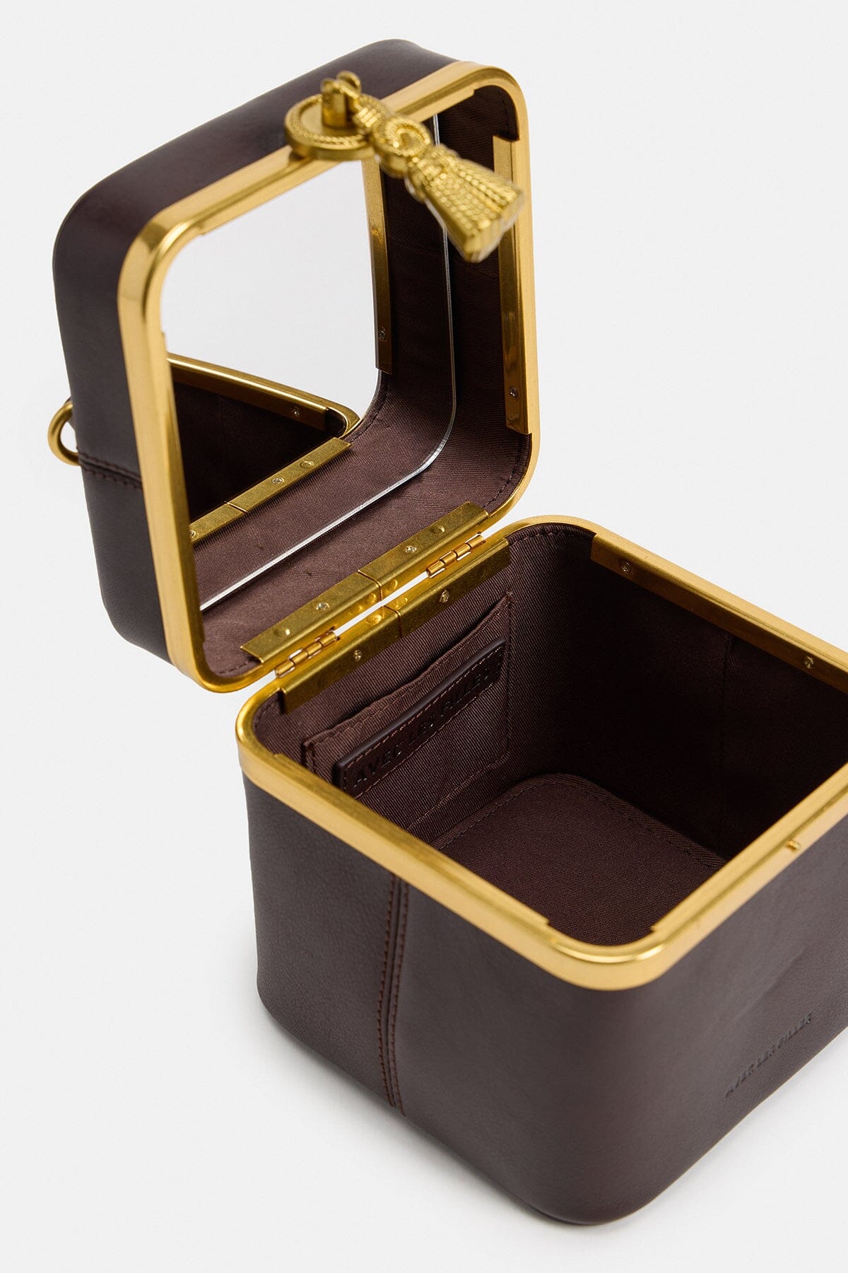 Brown mini vanity bag in genuine leather with a mirror - Shop designer women's small bags by Avec Les Filles.