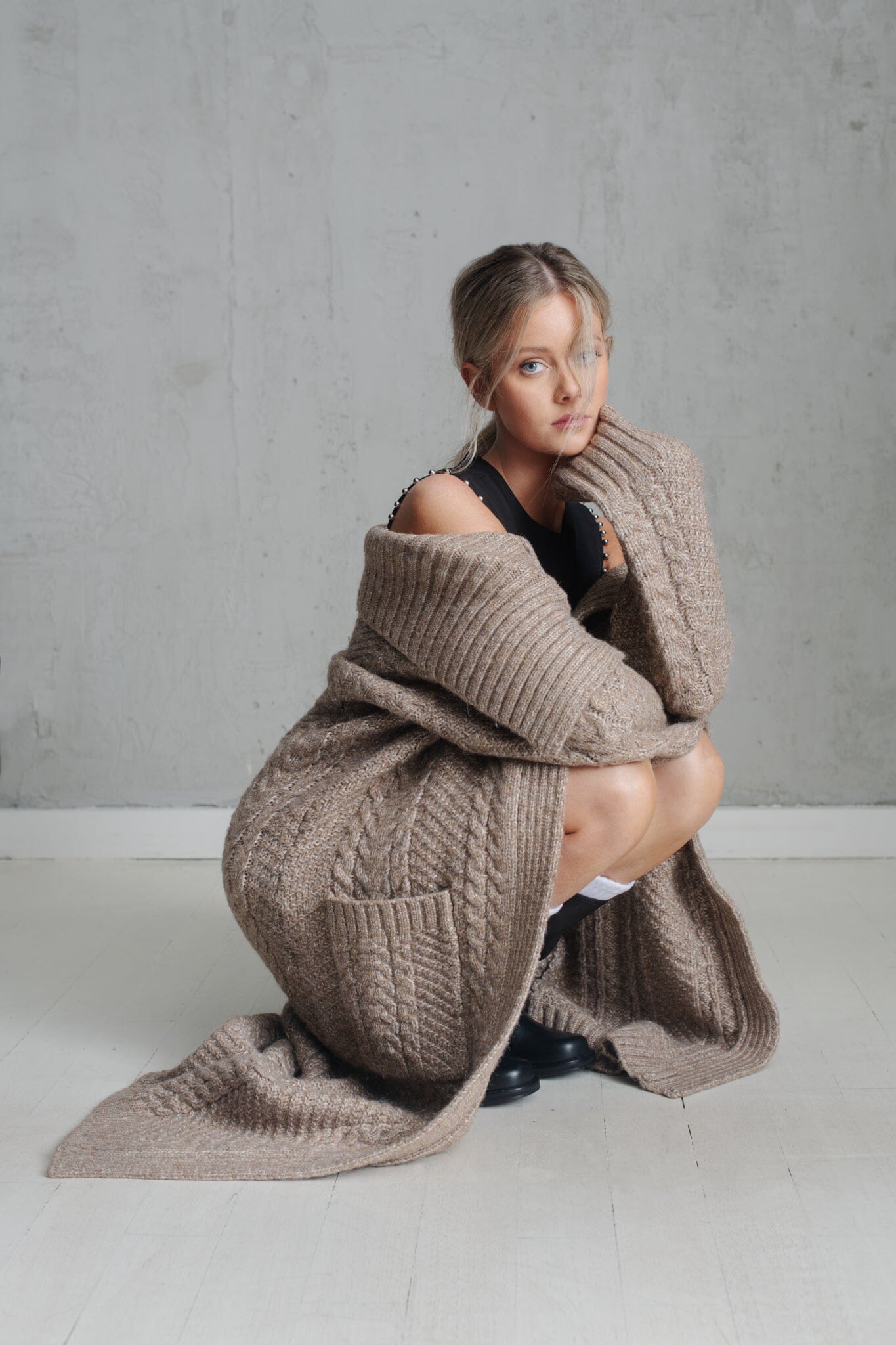 Beige Envelope Collar Longline Knit Coatigan Long Cardigan